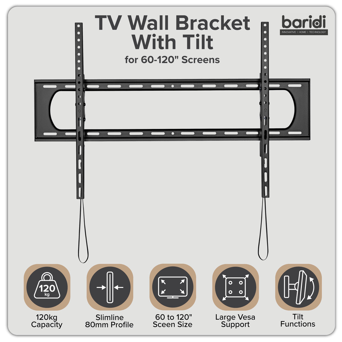 Baridi TV Wall Bracket with Tilt for 60-120" Screens, Max. VESA 900 x 600mm, Black - DH442
