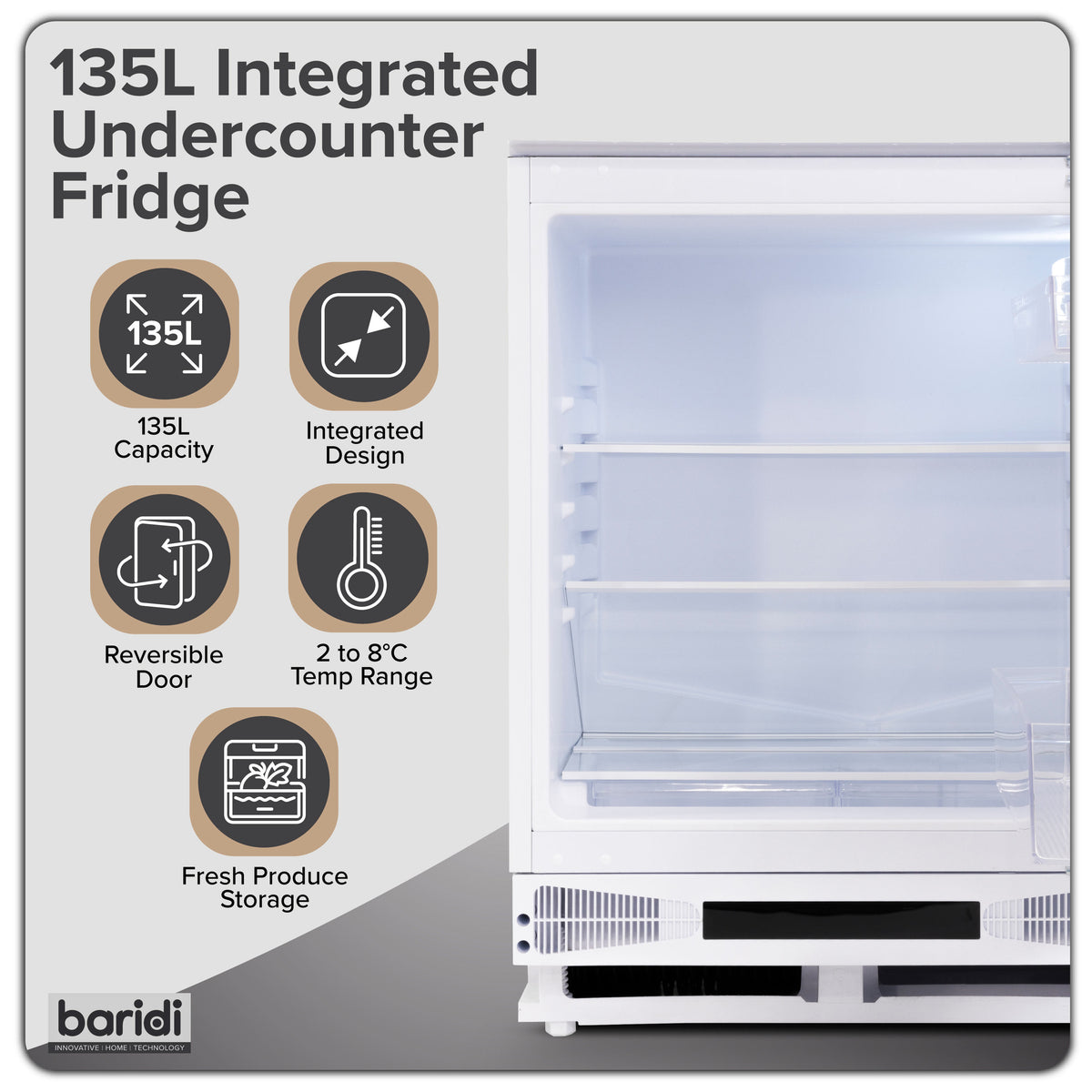 Baridi Integrated Undercounter Fridge with Reversible Door 135L - DH455