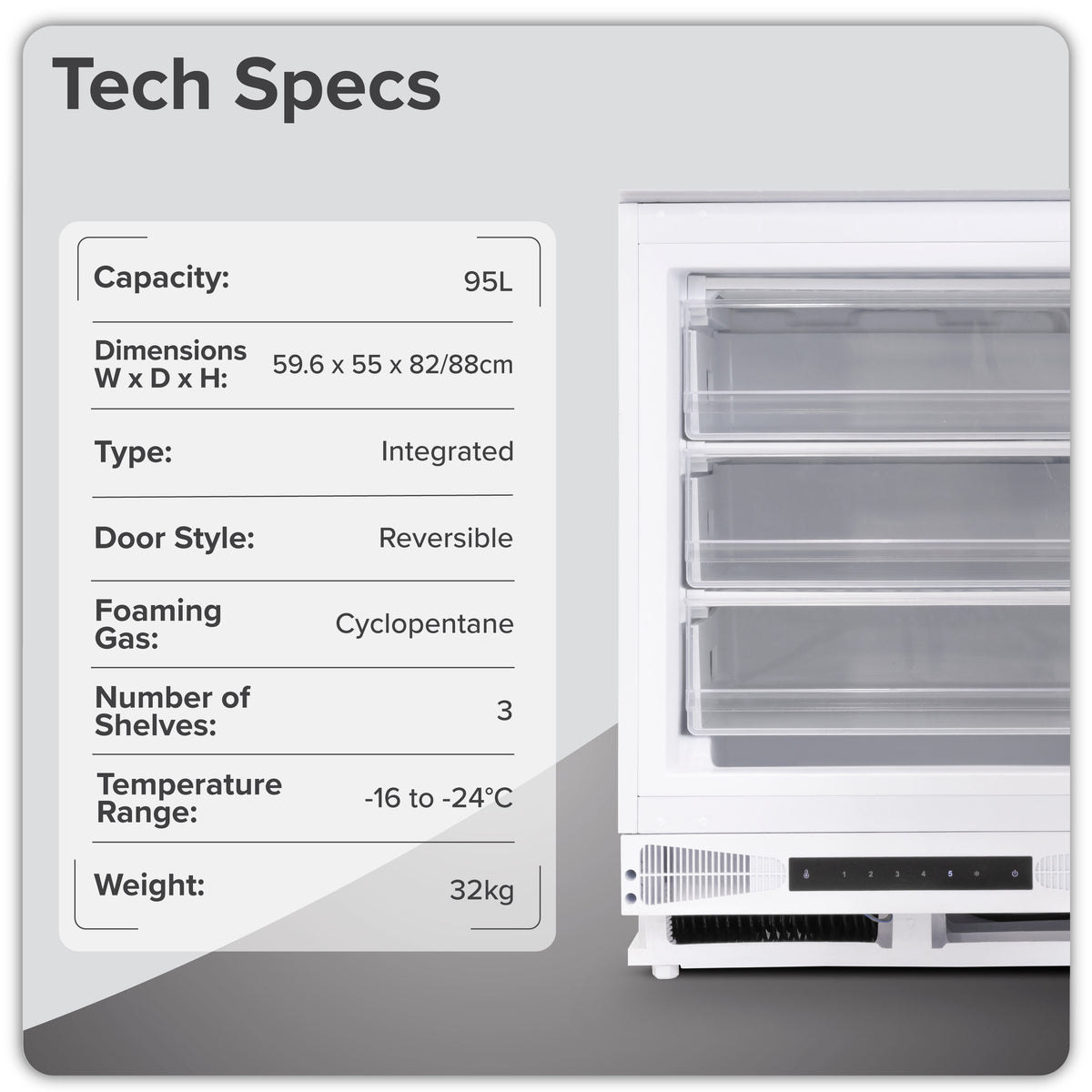 Baridi Integrated Undercounter Freezer 95L Capacity, Reversible Door - DH456