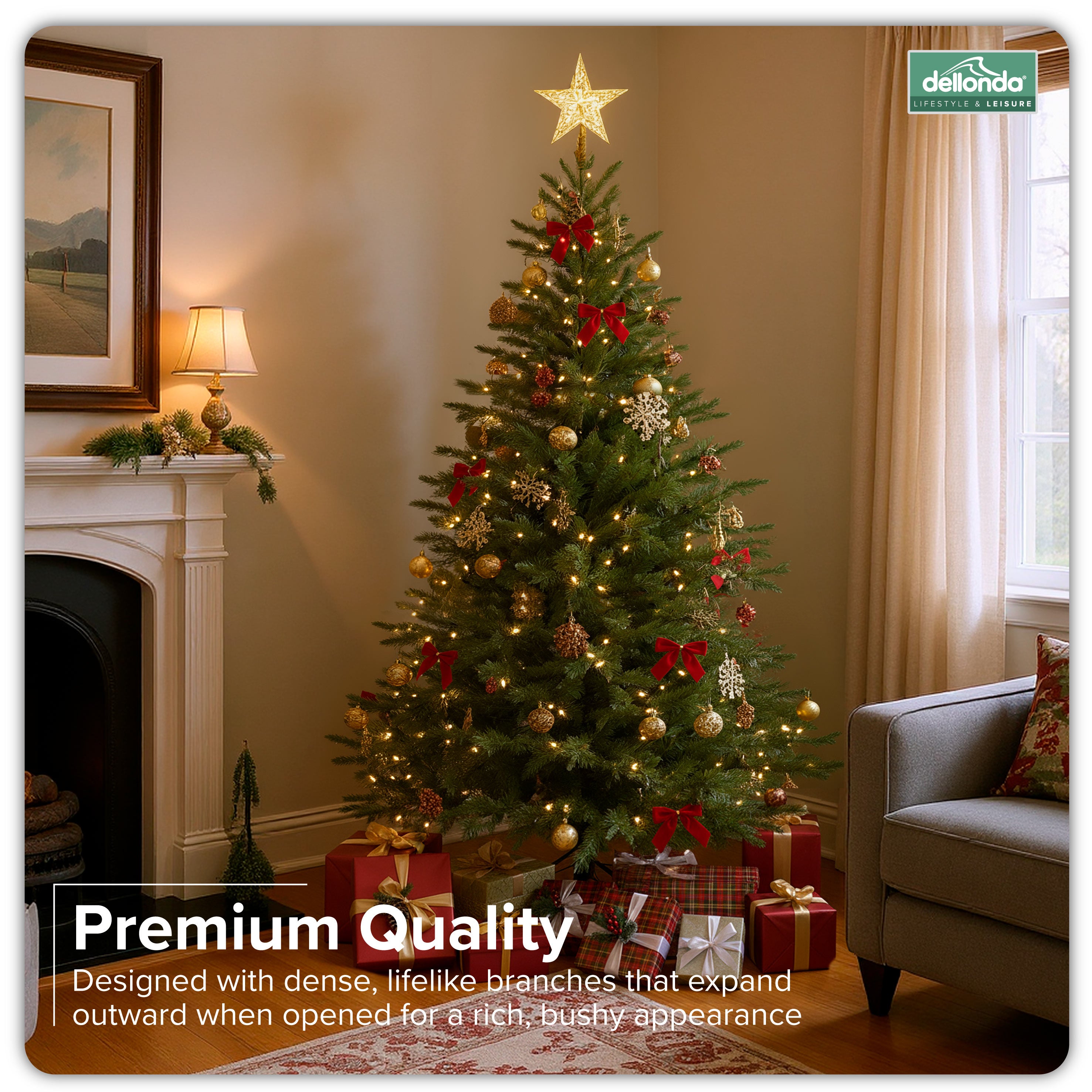 Artificial Hinged Christmas Tree, 7ft/210cm with 1400+ PE Tips & PVC Interior - DH46