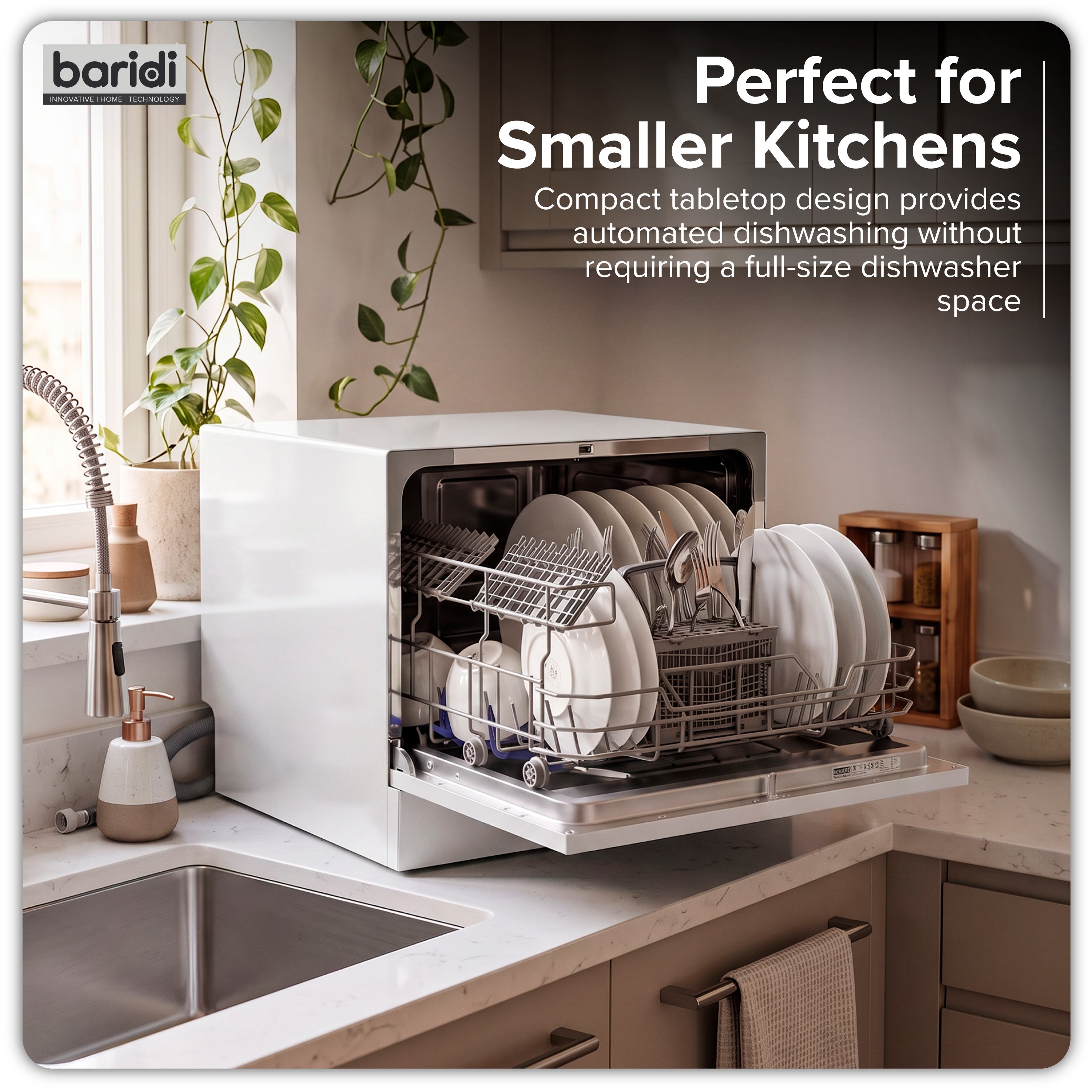 Baridi Compact Tabletop Dishwasher 6 Place Settings, 6 Programmes, Low Noise, 6.5L - White - DH83