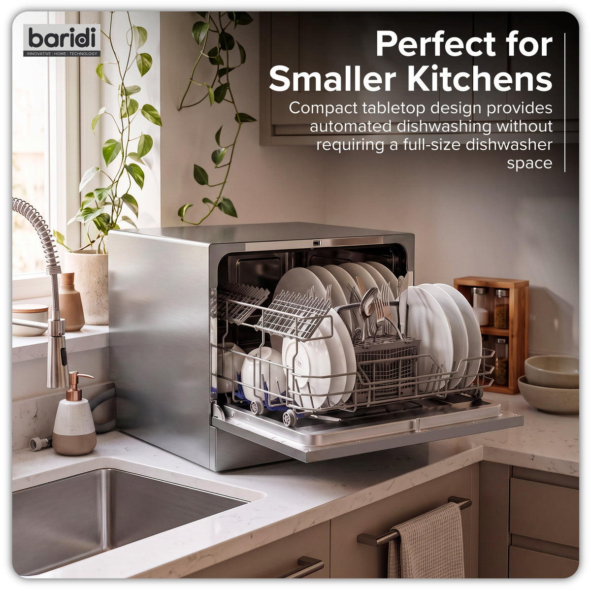 Baridi Compact Tabletop Dishwasher 6 Place Settings, 6 Programmes, Low Noise, 6.5L - Silver - DH84