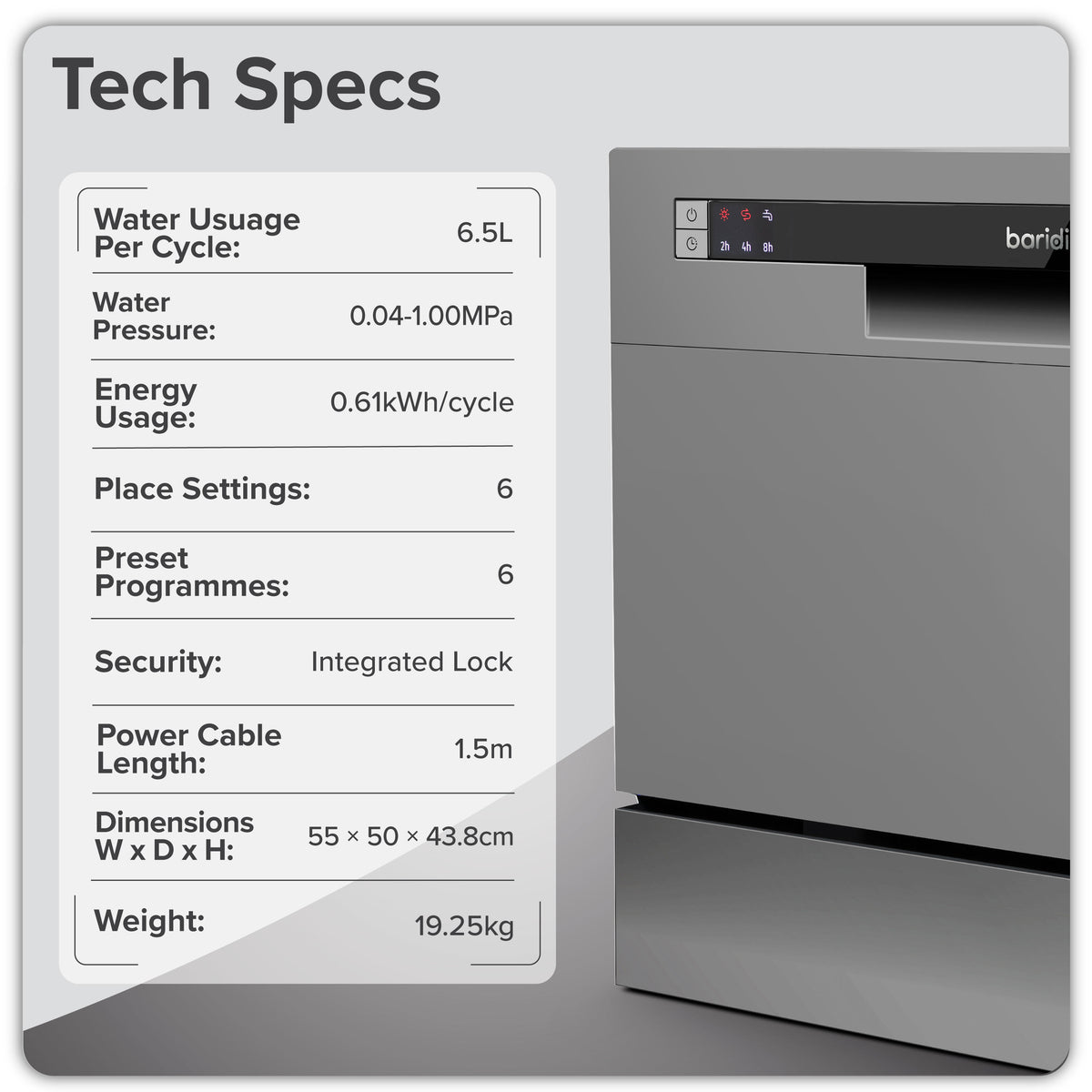 Baridi Compact Tabletop Dishwasher 6 Place Settings, 6 Programmes, Low Noise, 6.5L - Silver - DH84