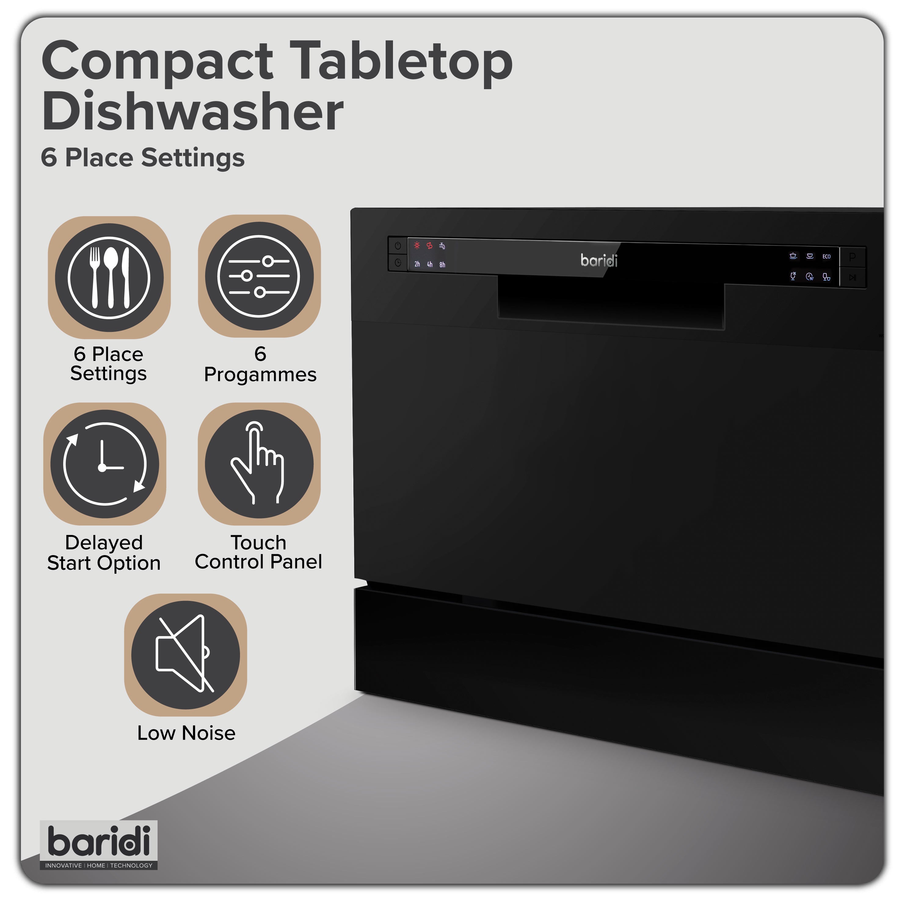 Baridi Compact Tabletop Dishwasher 6 Place Settings, 6 Programmes, Low Noise, 6.5L - Black - DH85