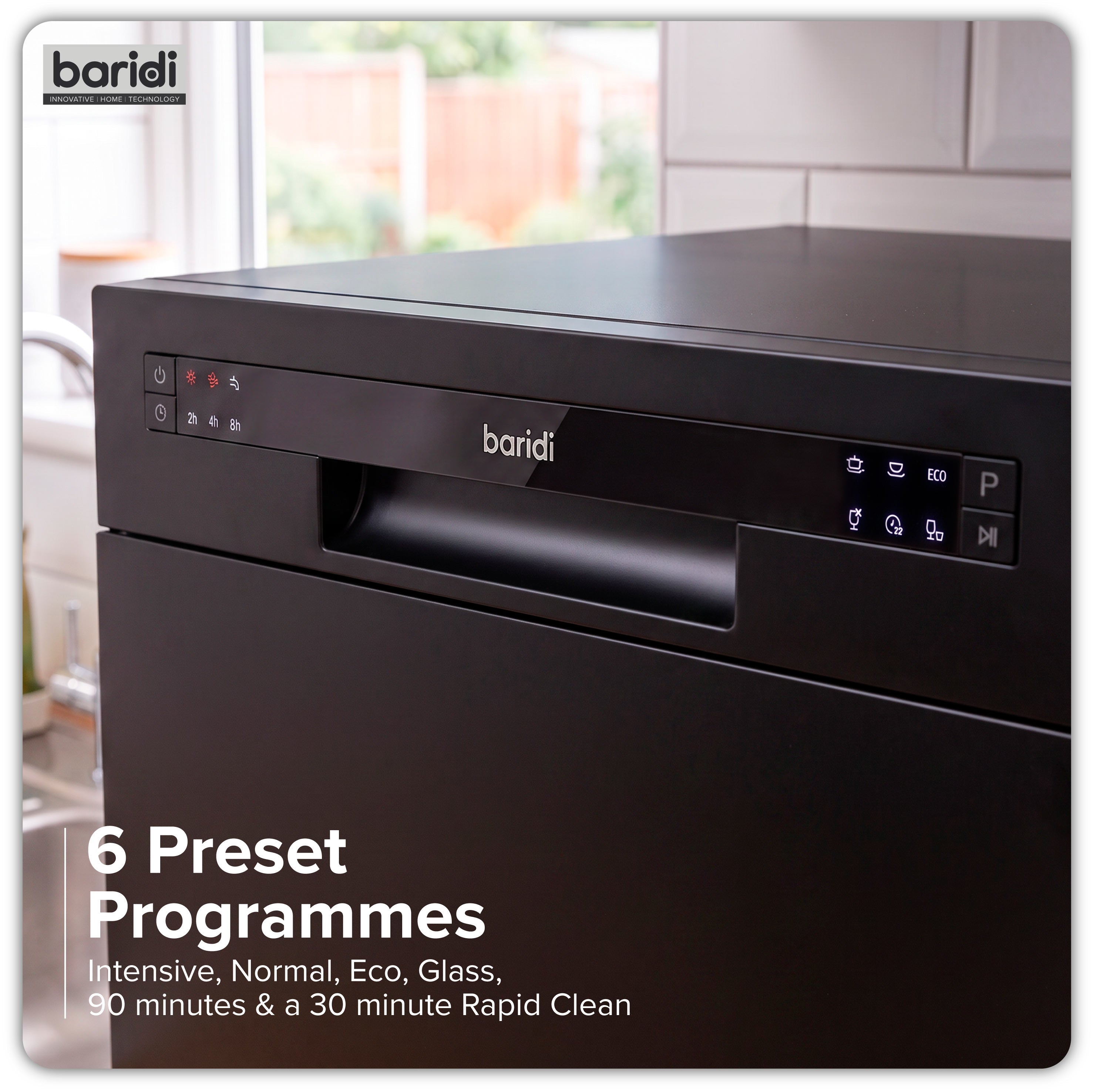 Baridi Compact Tabletop Dishwasher 6 Place Settings, 6 Programmes, Low Noise, 6.5L - Black - DH85