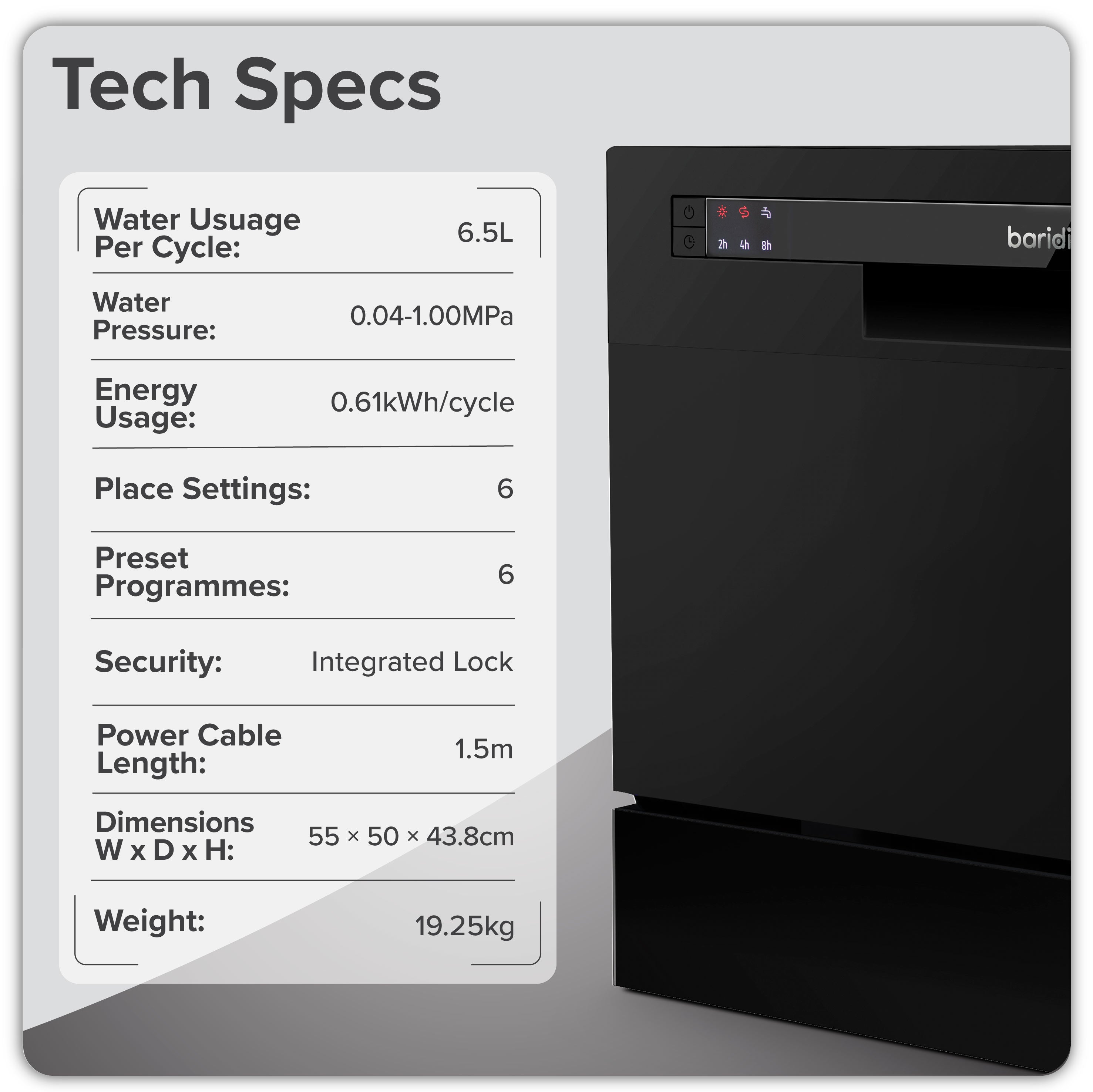 Baridi Compact Tabletop Dishwasher 6 Place Settings, 6 Programmes, Low Noise, 6.5L - Black - DH85