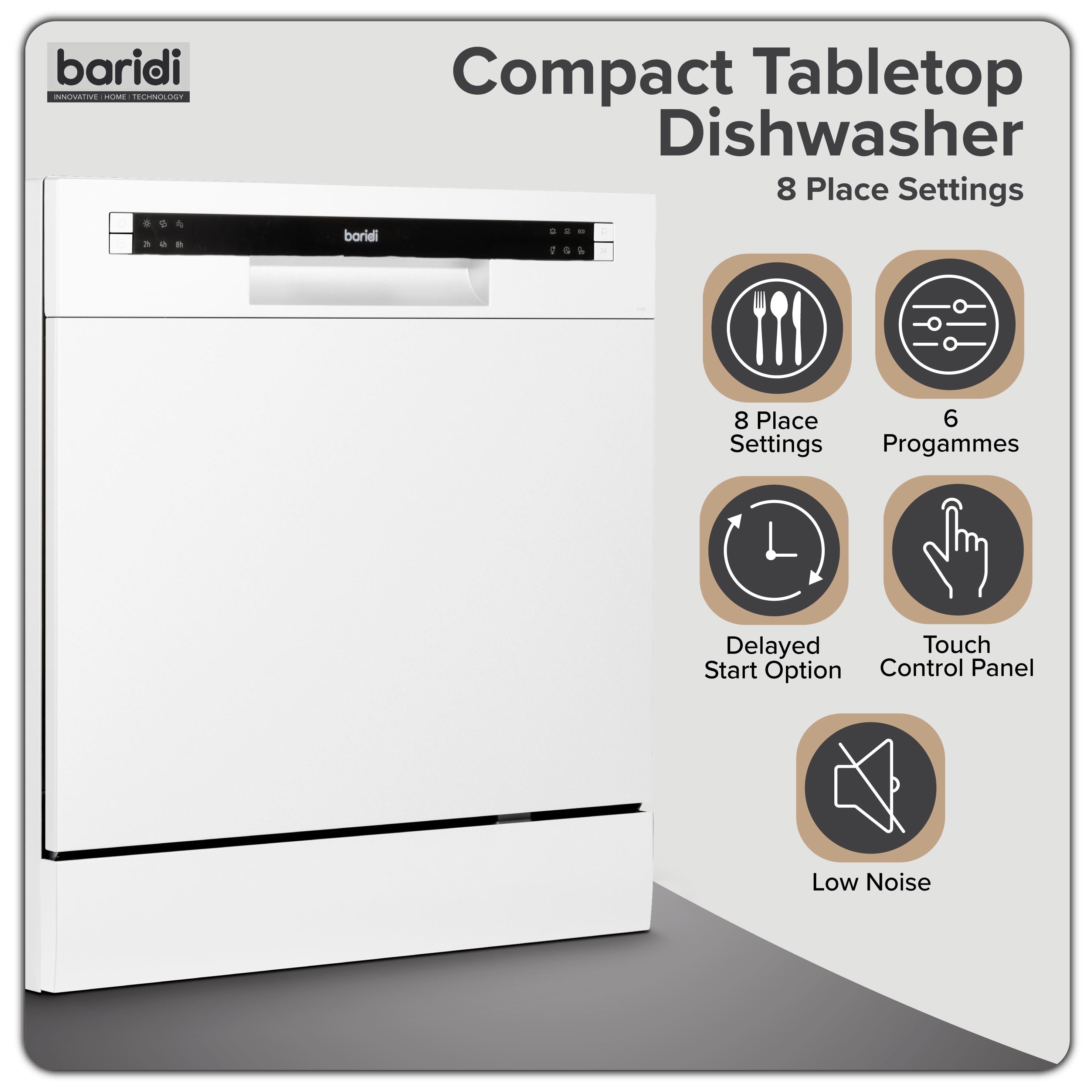 Baridi Compact Tabletop Dishwasher 8 Place Settings, 6 Programmes, Low Noise, 8L - White - DH86