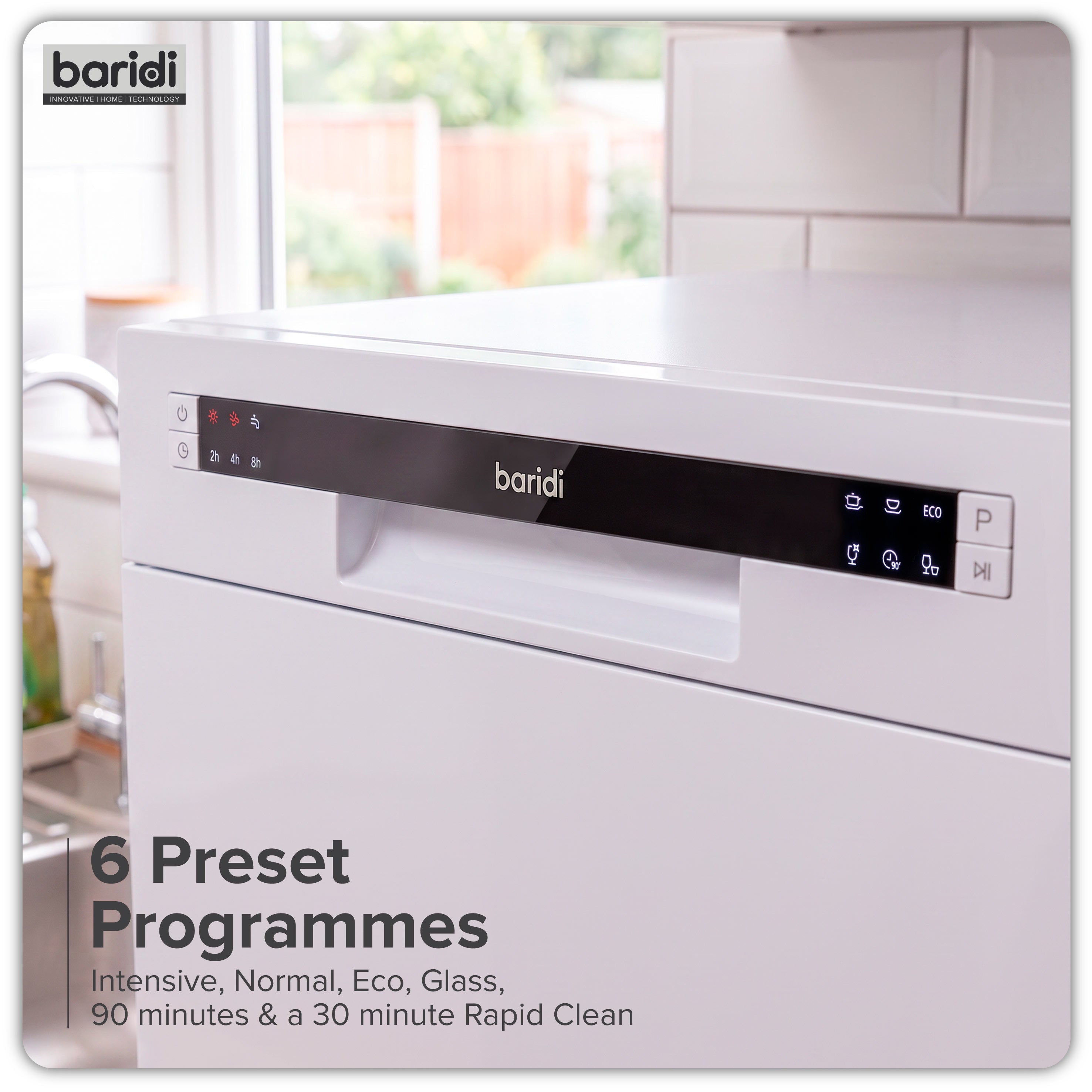 Baridi Compact Tabletop Dishwasher 8 Place Settings, 6 Programmes, Low Noise, 8L - White - DH86