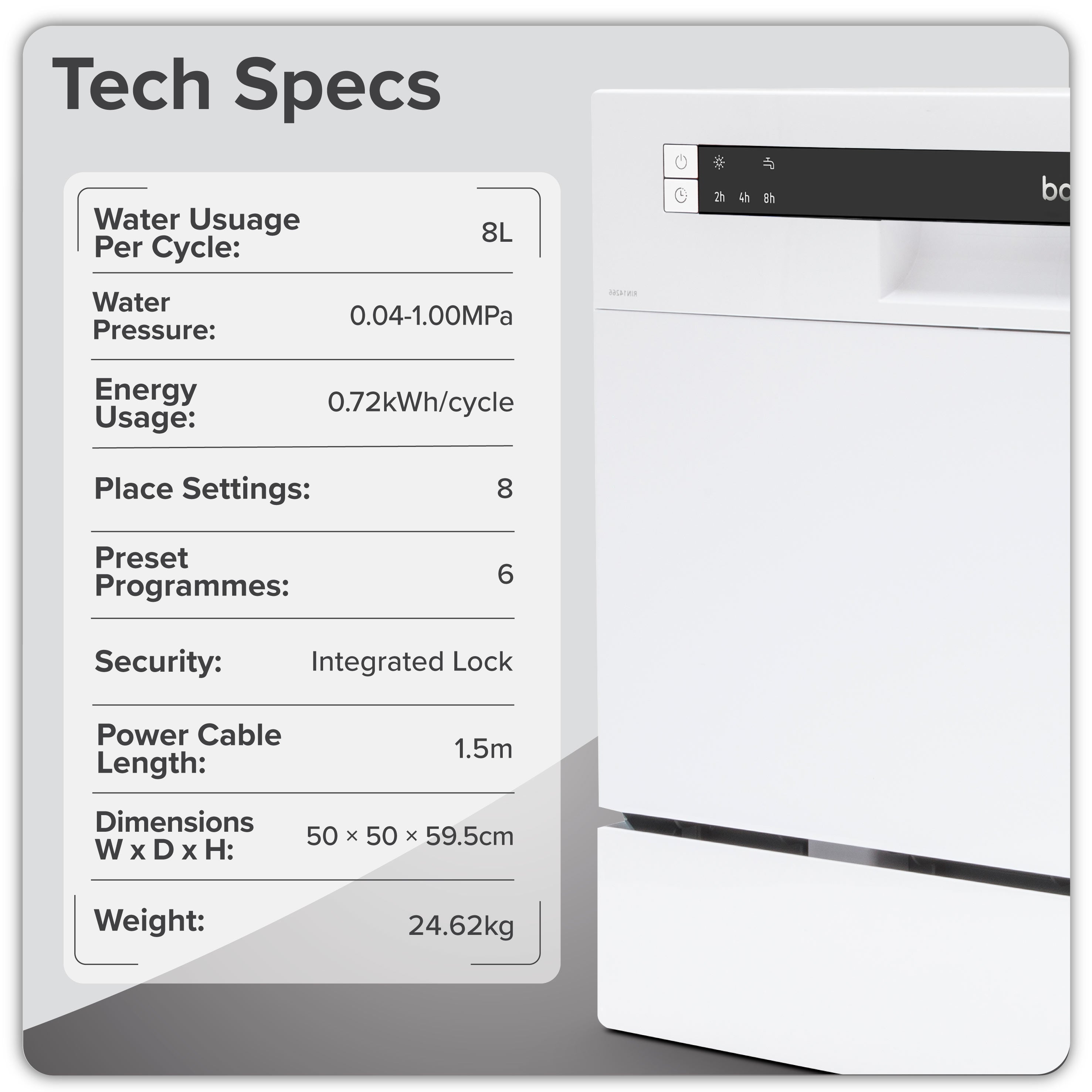 Baridi Compact Tabletop Dishwasher 8 Place Settings, 6 Programmes, Low Noise, 8L - White - DH86