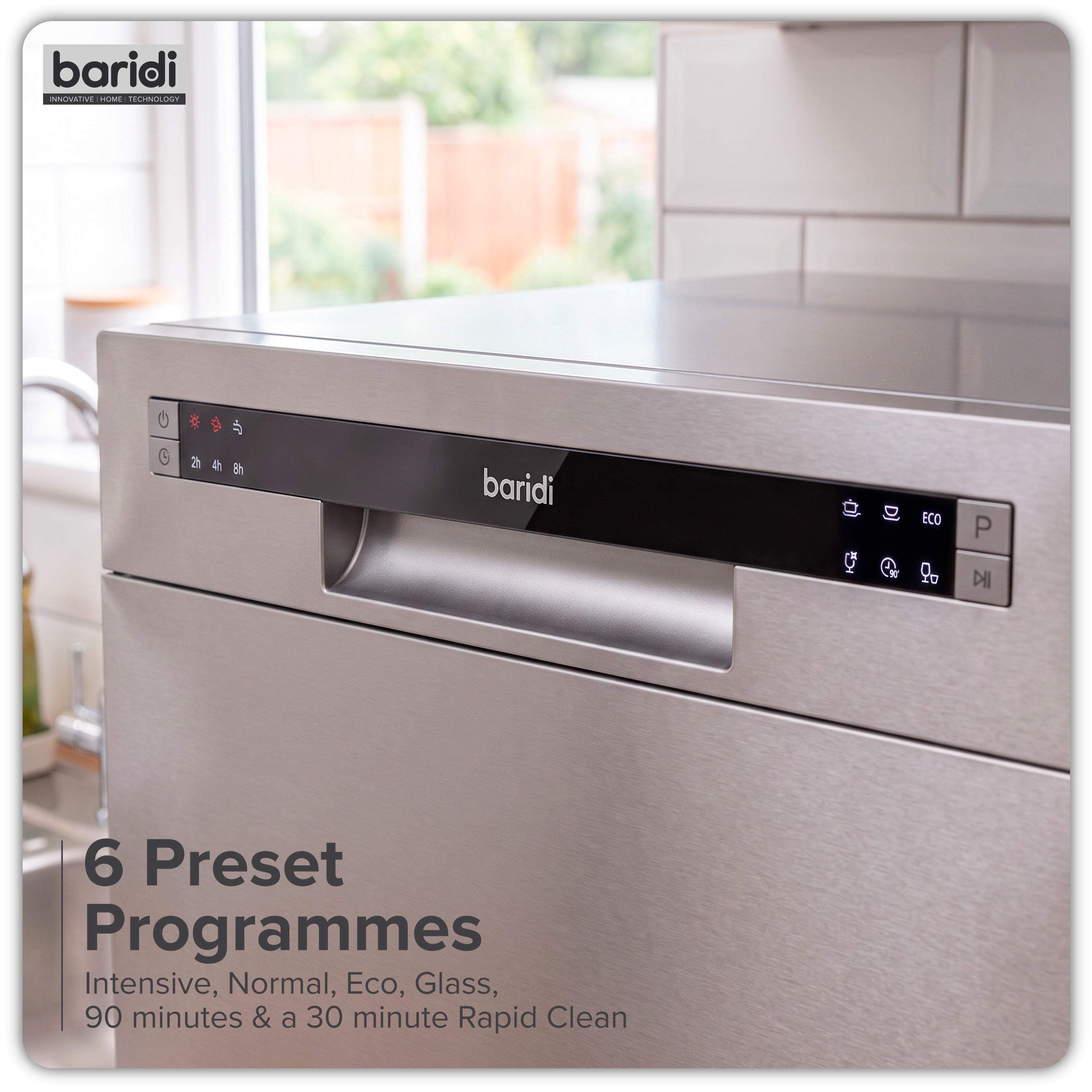 Baridi Compact Tabletop Dishwasher 8 Place Settings, 6 Programmes, Low Noise, 8L - Silver - DH87