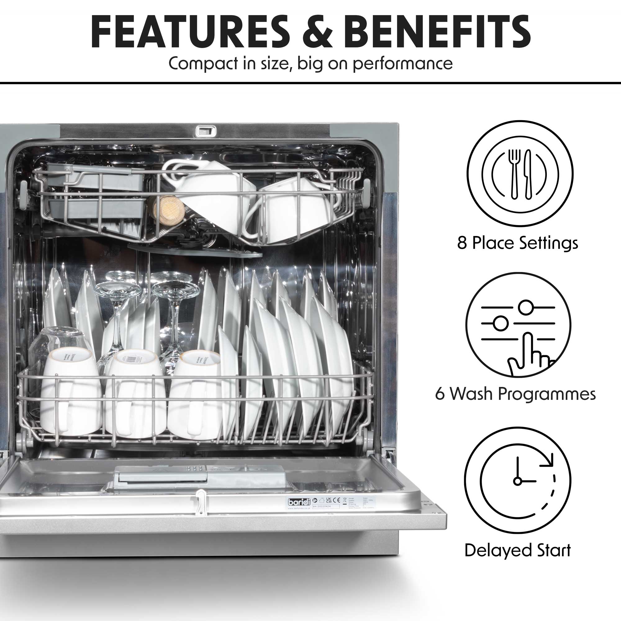Baridi Compact Tabletop Dishwasher 8 Place Settings, 6 Programmes, Low Noise, 8L - Silver - DH87