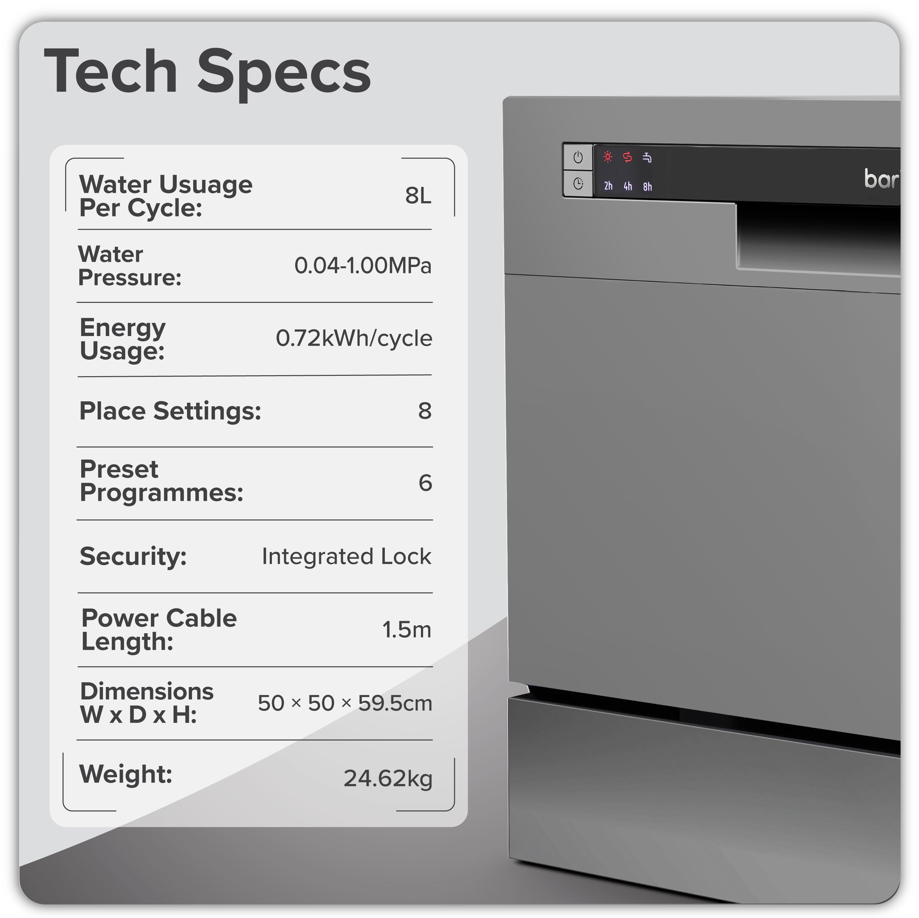 Baridi Compact Tabletop Dishwasher 8 Place Settings, 6 Programmes, Low Noise, 8L - Silver - DH87