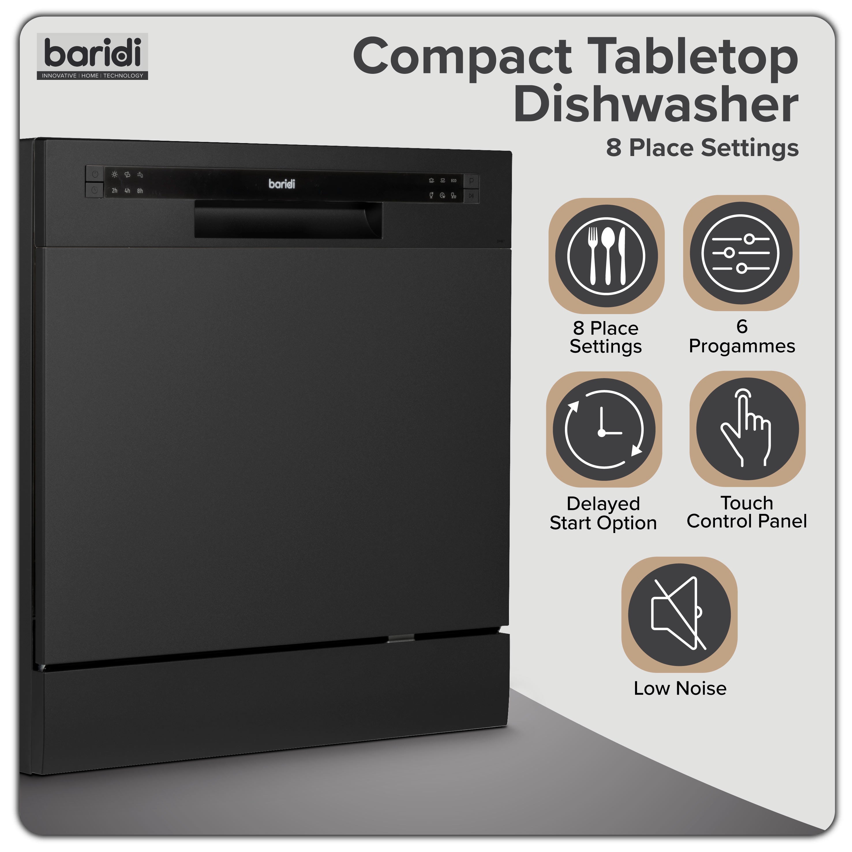 Baridi Compact Tabletop Dishwasher 8 Place Settings, 6 Programmes, Low Noise, 8L - Black - DH88