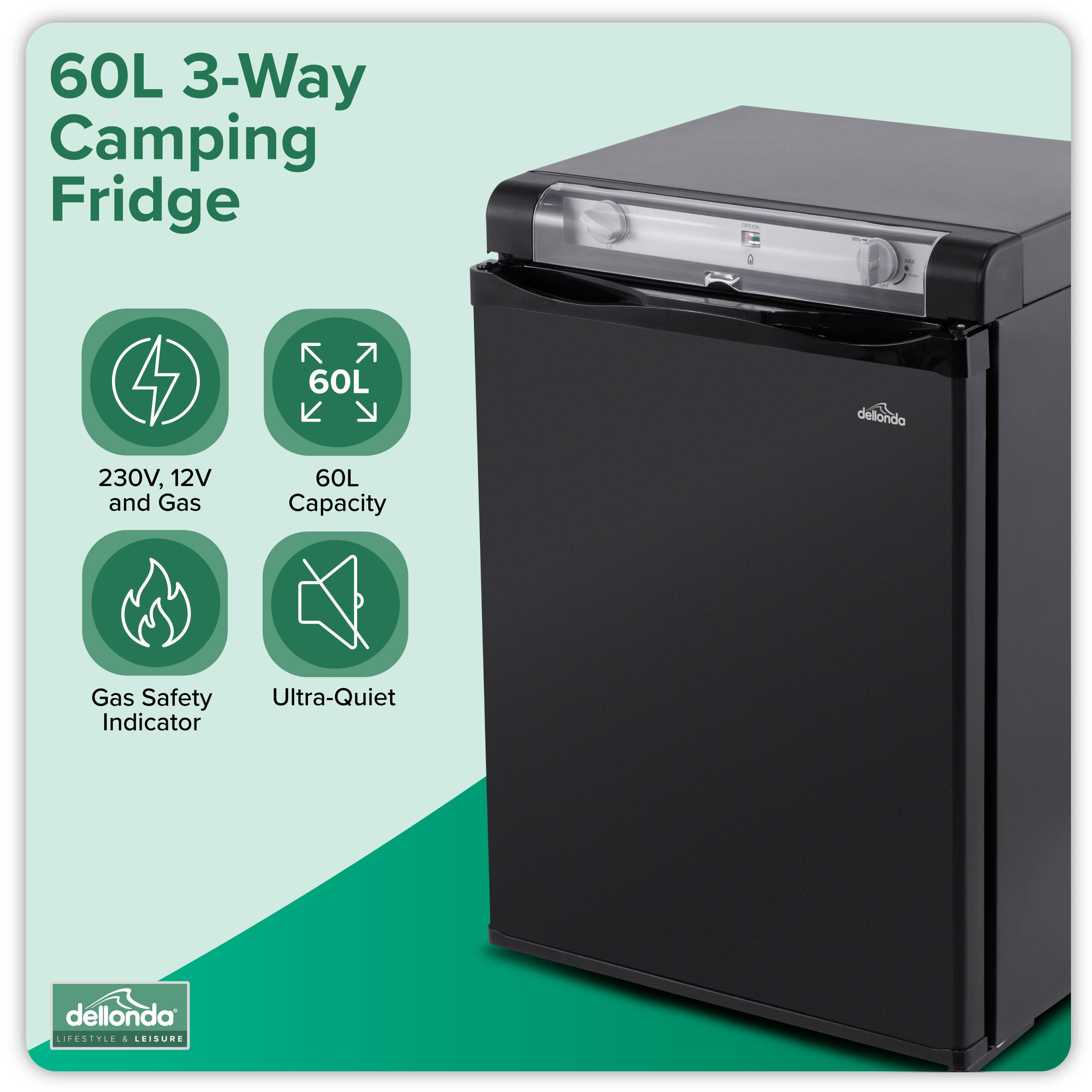 Dellonda, 3 Way Fridge, Gas/12V/230V, 60L, Camping, Motorhome, Truck, Black, DL159