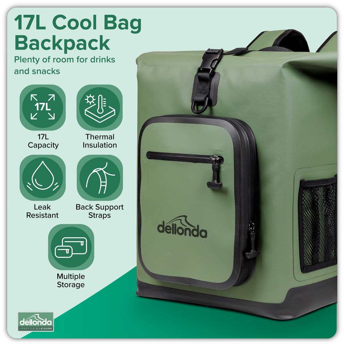 Insulated Cool Bag Backpack 17L with Adjustable Straps, Padded Waist Support & Storage Pockets - DL183