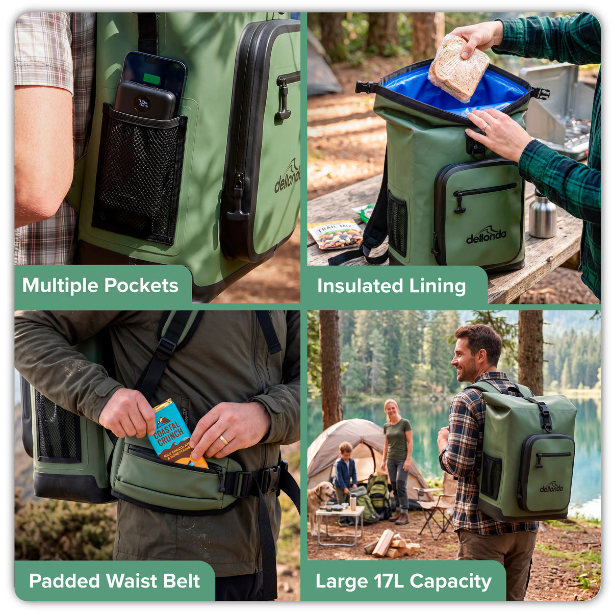 Insulated Cool Bag Backpack 17L with Adjustable Straps, Padded Waist Support & Storage Pockets - DL183