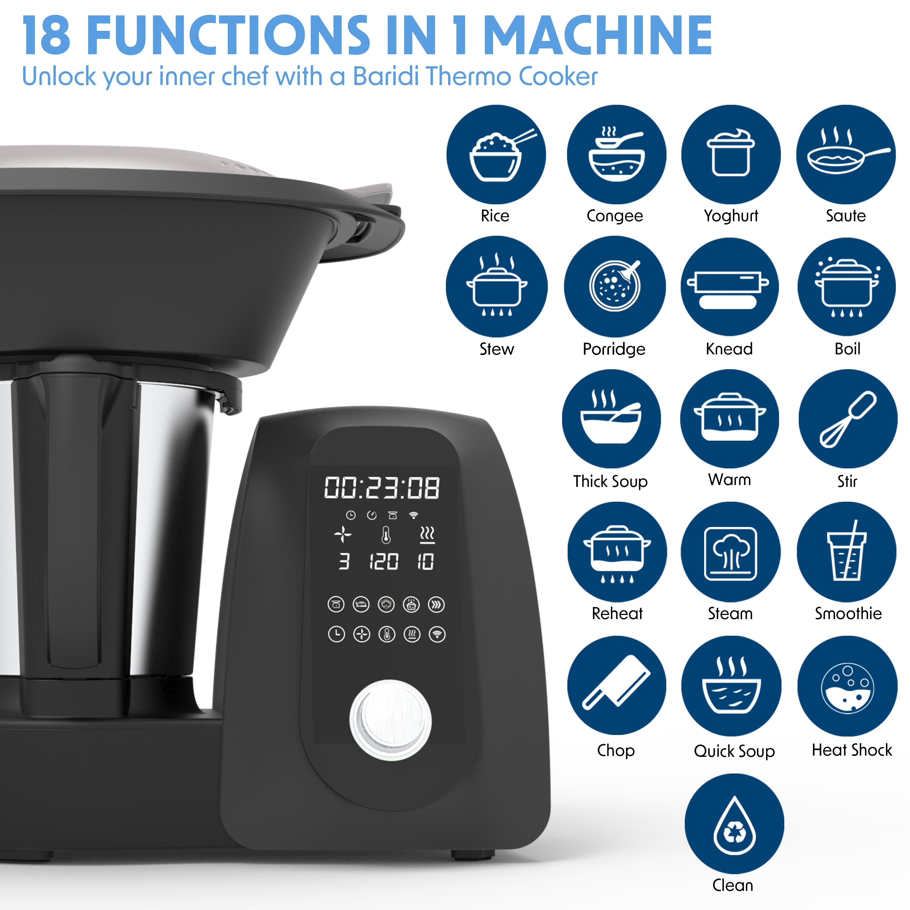 Baridi All-in-One Smart Thermo-Cooker, 18 Preset Functions, App Guided Recipes, Black – DH163