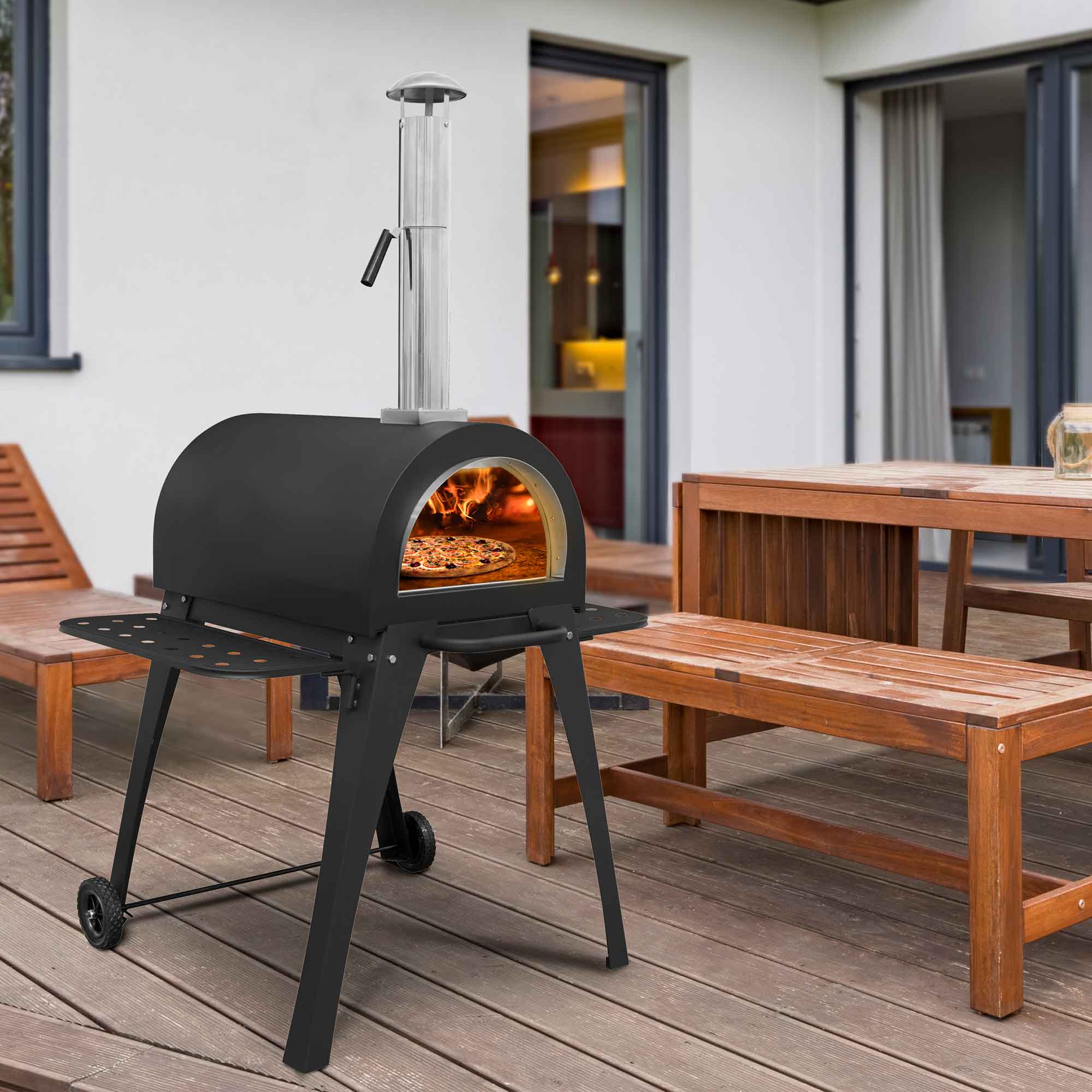 Large Outdoor Wood-Fired Pizza Oven & Smoker with Side Shelves & Stand - DG103 - Dellonda