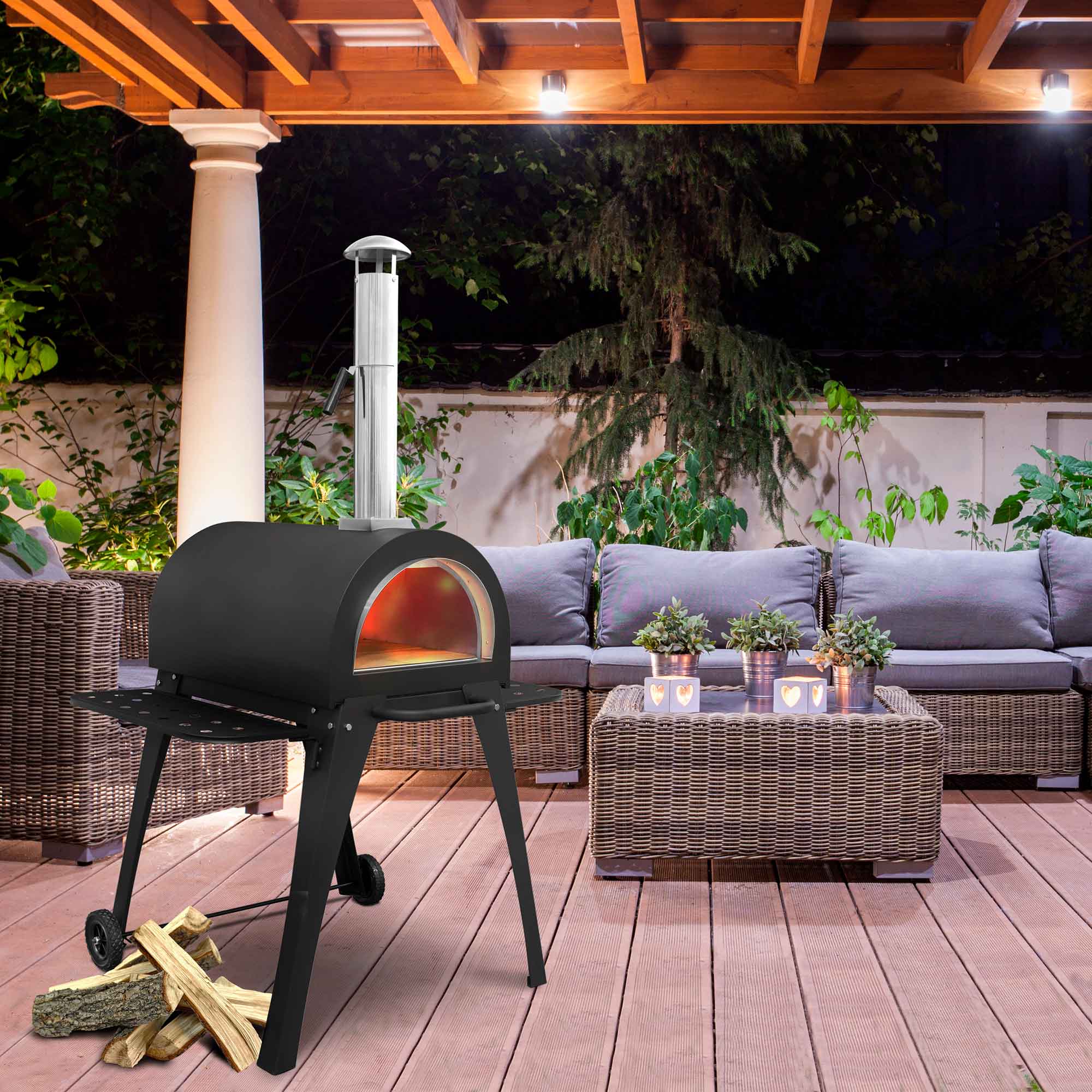 Large Outdoor Wood-Fired Pizza Oven & Smoker with Side Shelves & Stand - DG103 - Dellonda