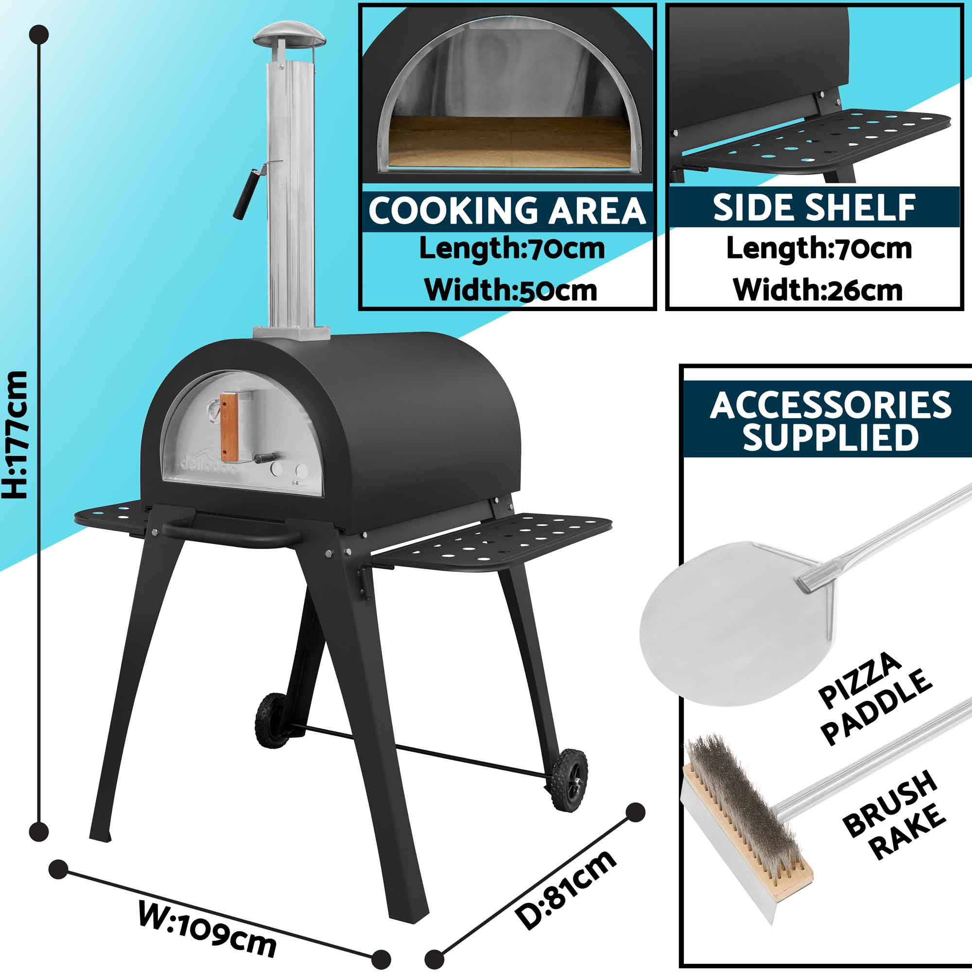 Large Outdoor Wood-Fired Pizza Oven & Smoker with Side Shelves & Stand - DG103 - Dellonda