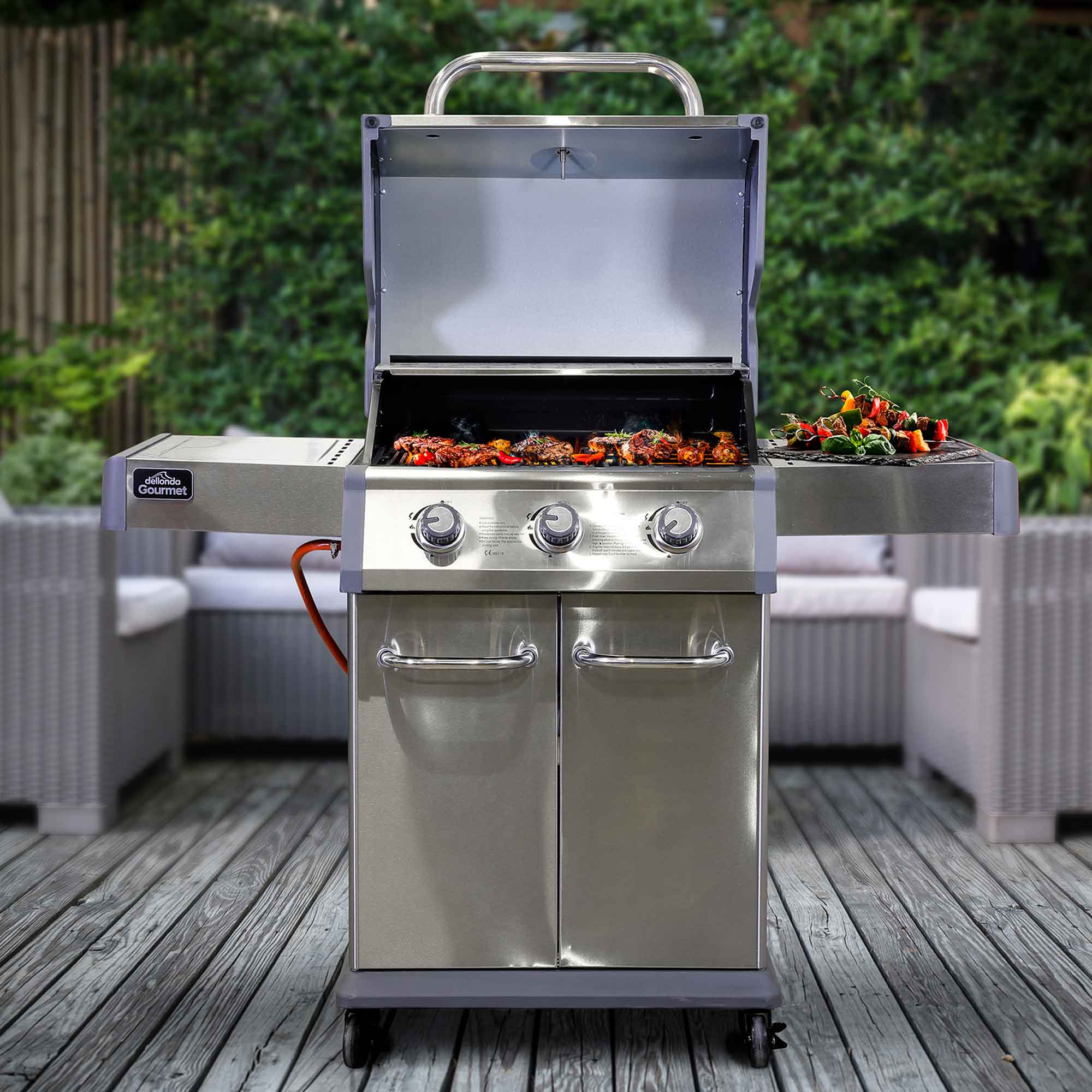 3 Burner Deluxe Gas BBQ Grill with Piezo Ignition, Water Resistant Cover, Stainless Steel - DG230 - Dellonda