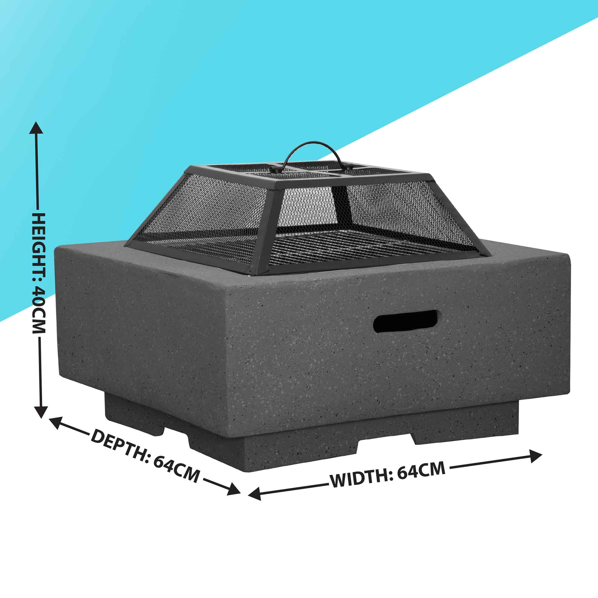 Square MgO Fire Pit with BBQ Grill, Safety Mesh Screen and Fire Poker - Dark Grey - DG193 - Dellonda