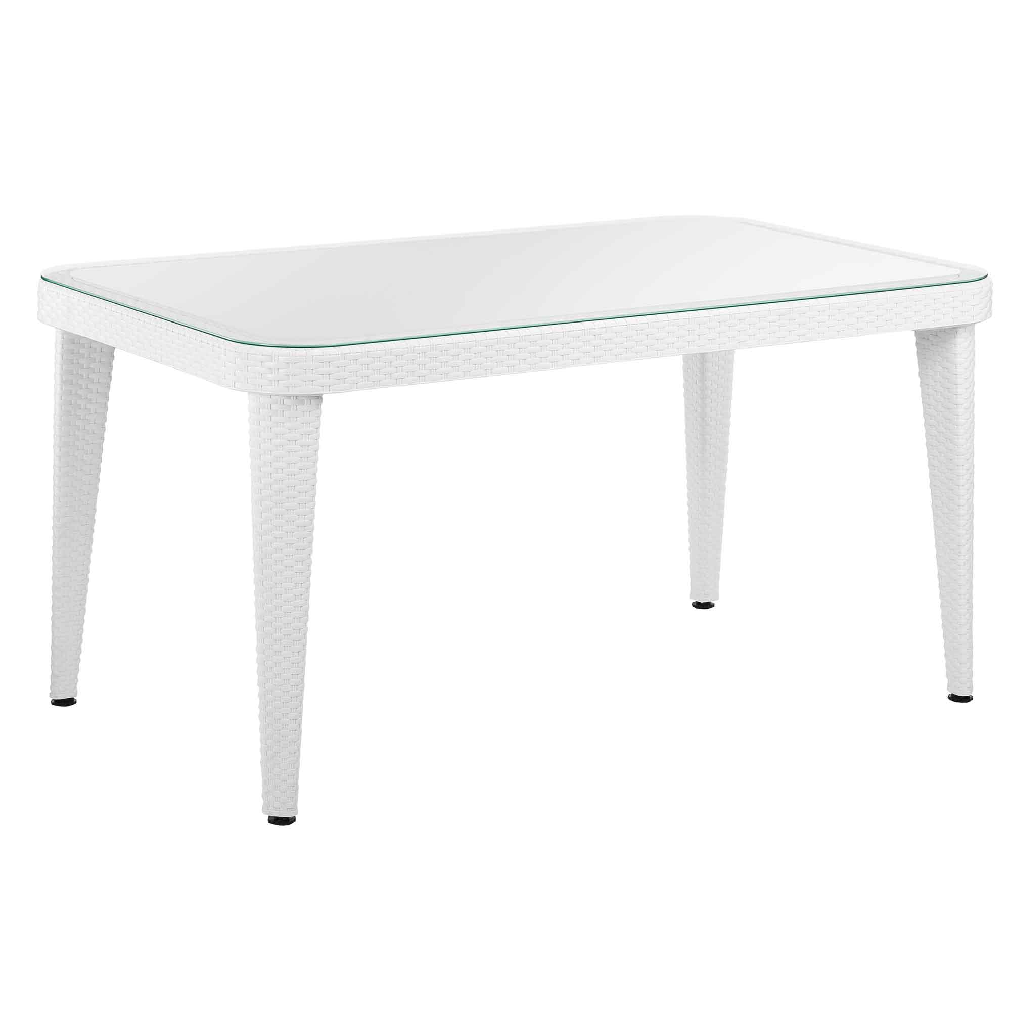 Dellonda Outdoor Dining Table, Weather Resistant PP/Fibreglass Body, Glass Table Top, 90x150cm (W x D) - White - Dellonda