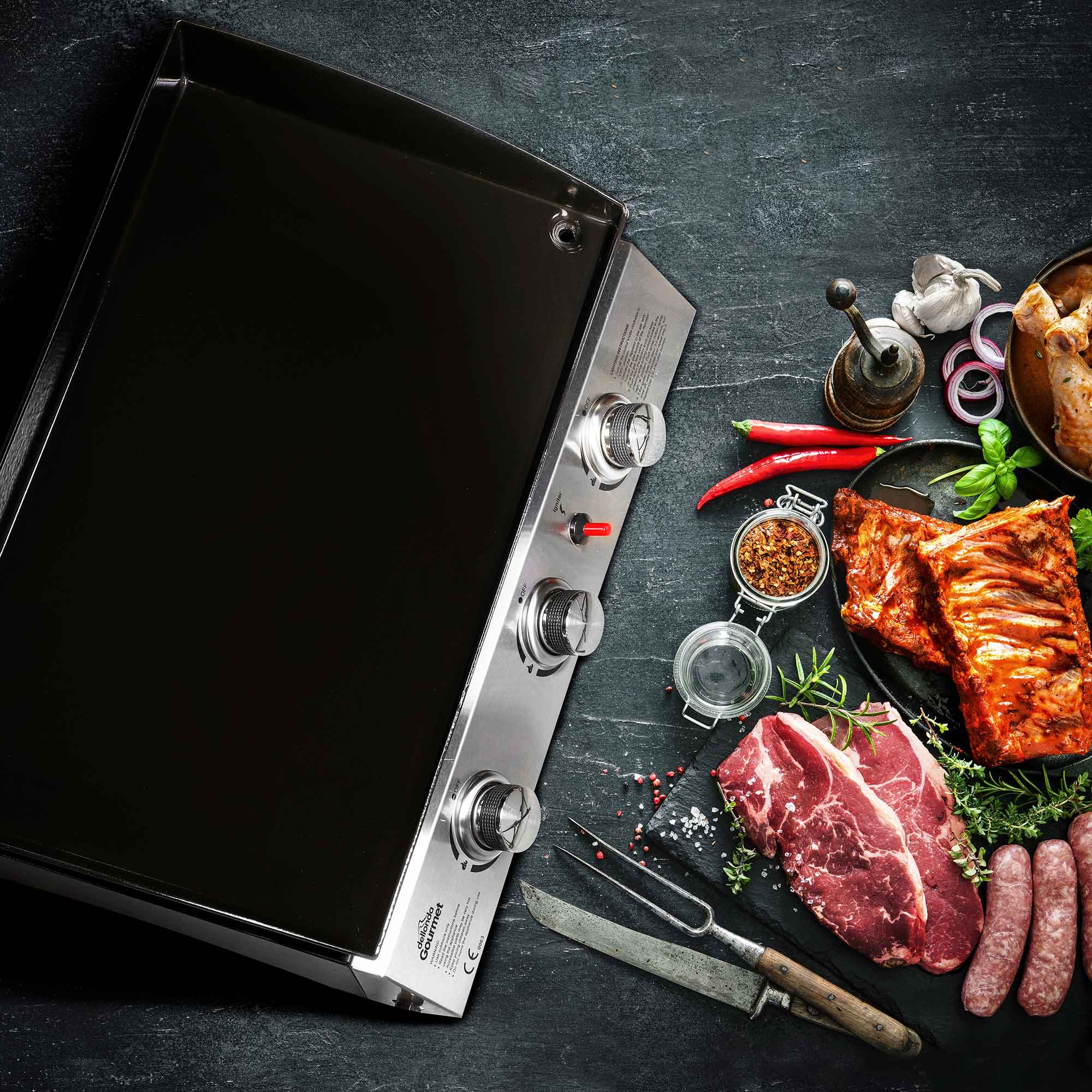 3 Burner Portable Gas Plancha 7.5kW BBQ Griddle Stainless Steel with Cover & Trolley - DG250 - Dellonda