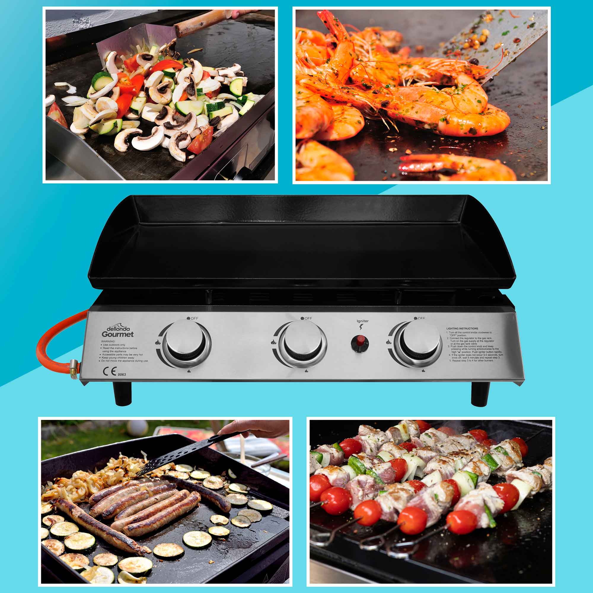 3 Burner Portable Gas Plancha 7.5kW BBQ Griddle Stainless Steel with Cover & Trolley - DG250 - Dellonda