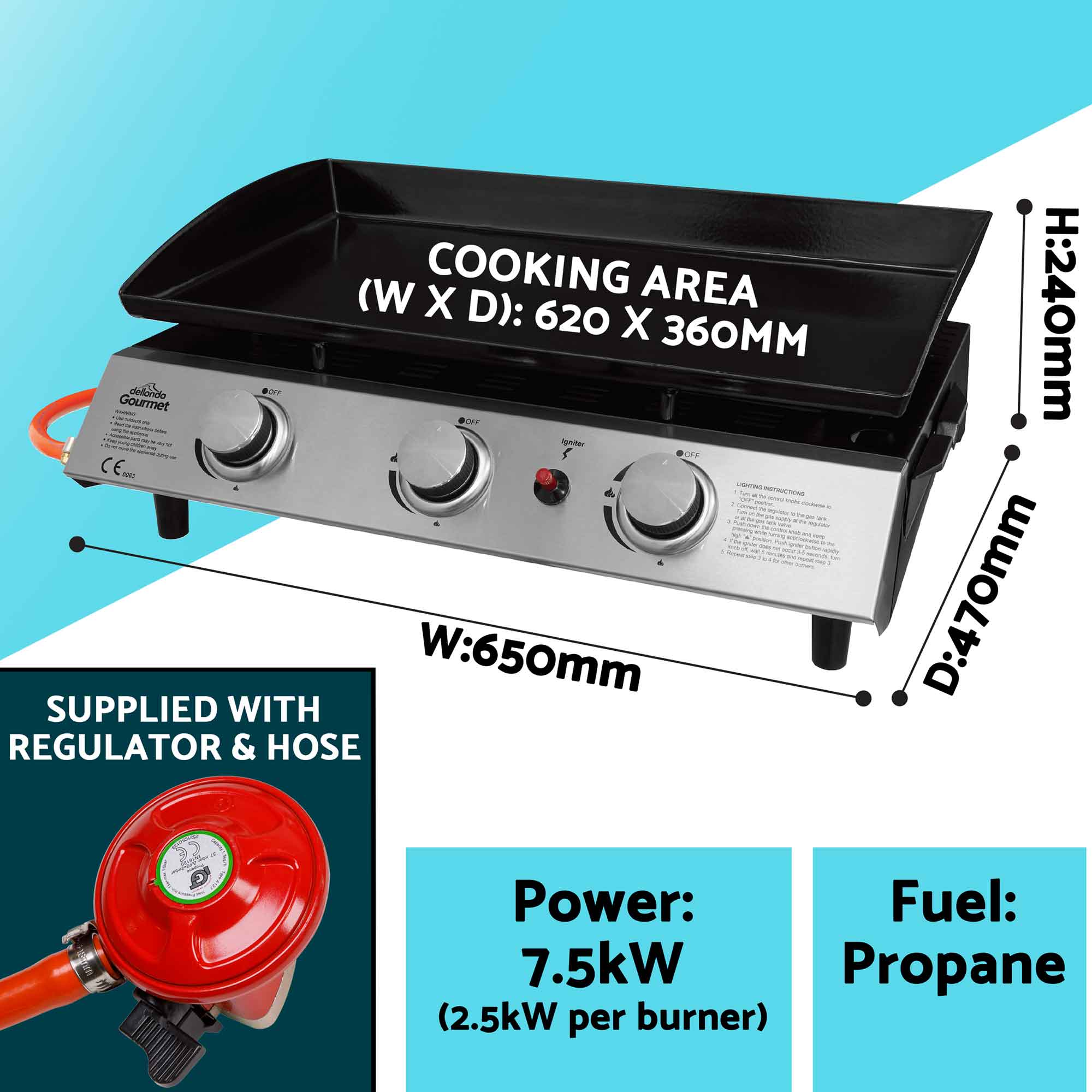 3 Burner Portable Gas Plancha 7.5kW BBQ Griddle Stainless Steel with Cover & Trolley - DG250 - Dellonda