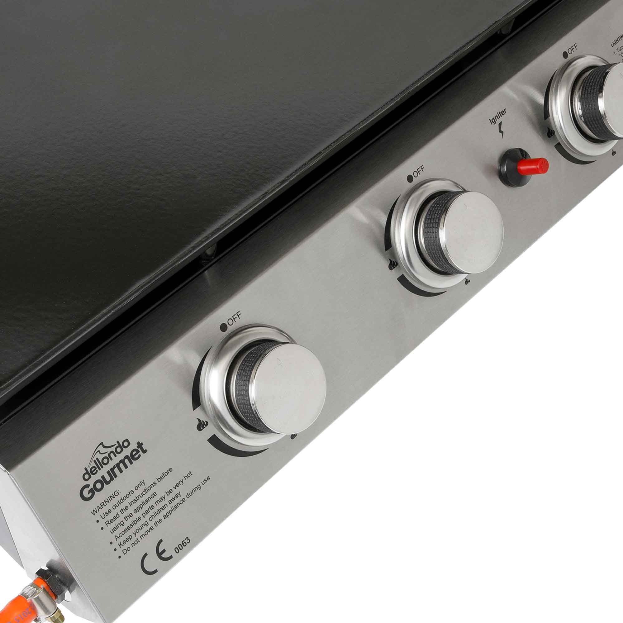 3 Burner Portable Gas Plancha 7.5kW BBQ Griddle, Supplied with PVC Cover, Stainless Steel - DG233 - Dellonda