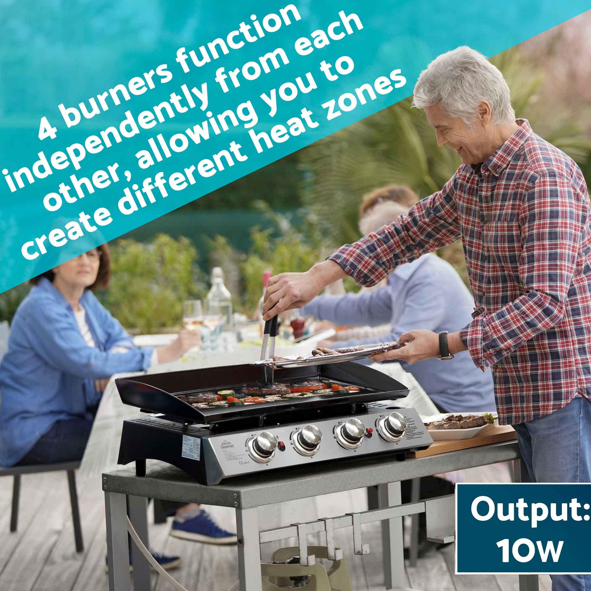 4 Burner Portable Gas Plancha 10kW BBQ Griddle, Supplied with PVC Cover, Stainless Steel - DG234 - Dellonda