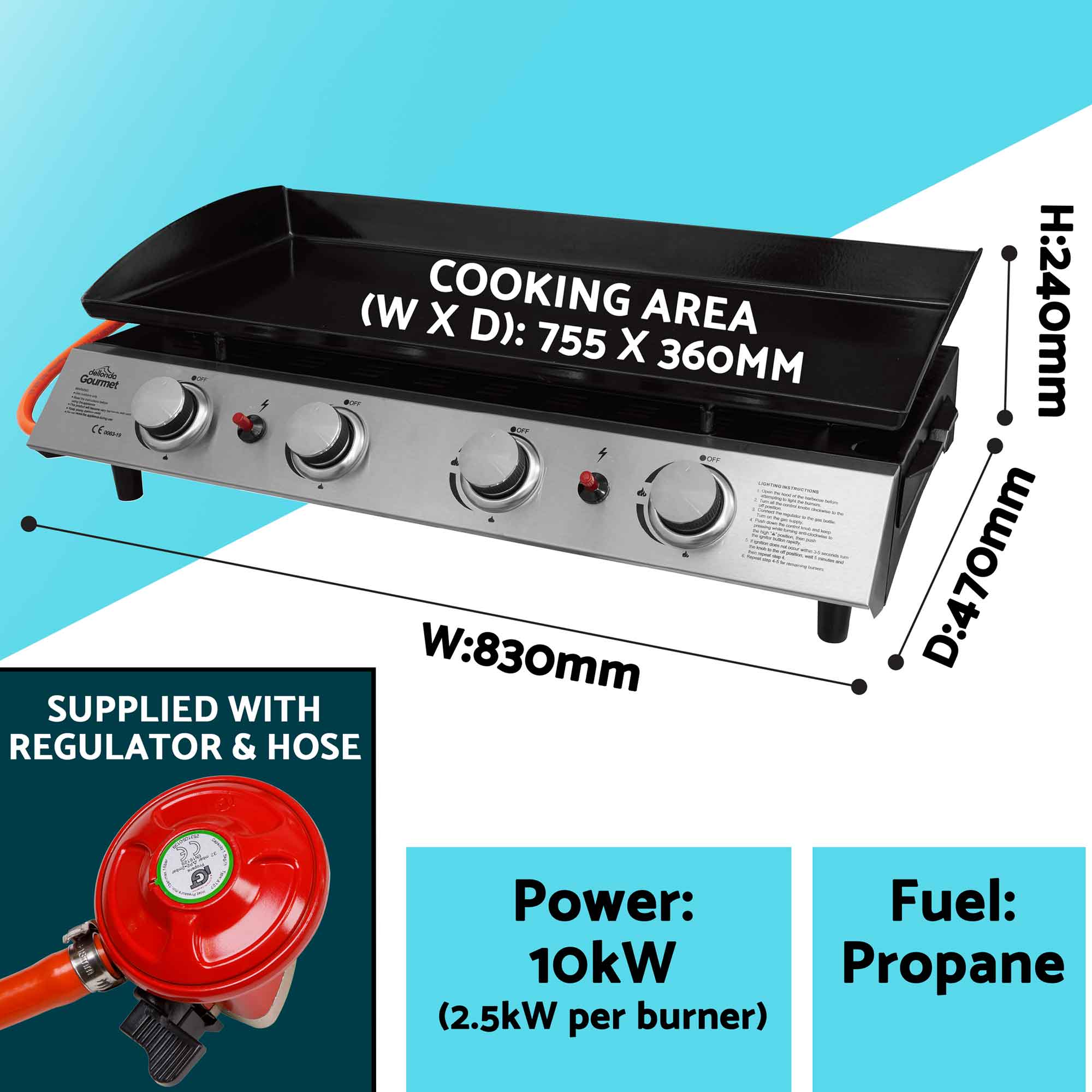 4 Burner Portable Gas Plancha 10kW BBQ Griddle, Supplied with PVC Cover, Stainless Steel - DG234 - Dellonda