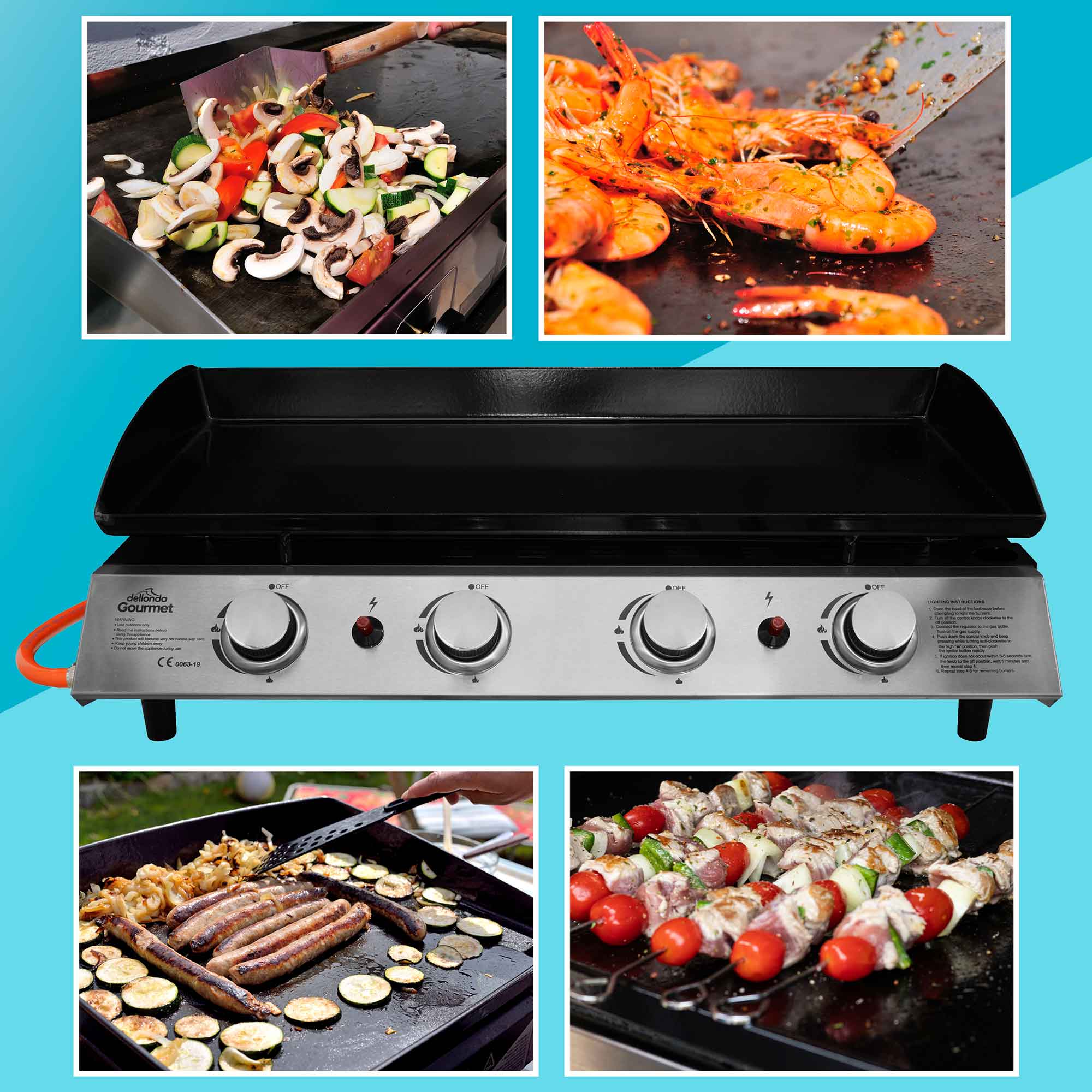 4 Burner Portable Gas Plancha 10kW BBQ Griddle Stainless Steel with Cover & Trolley - DG251 - Dellonda