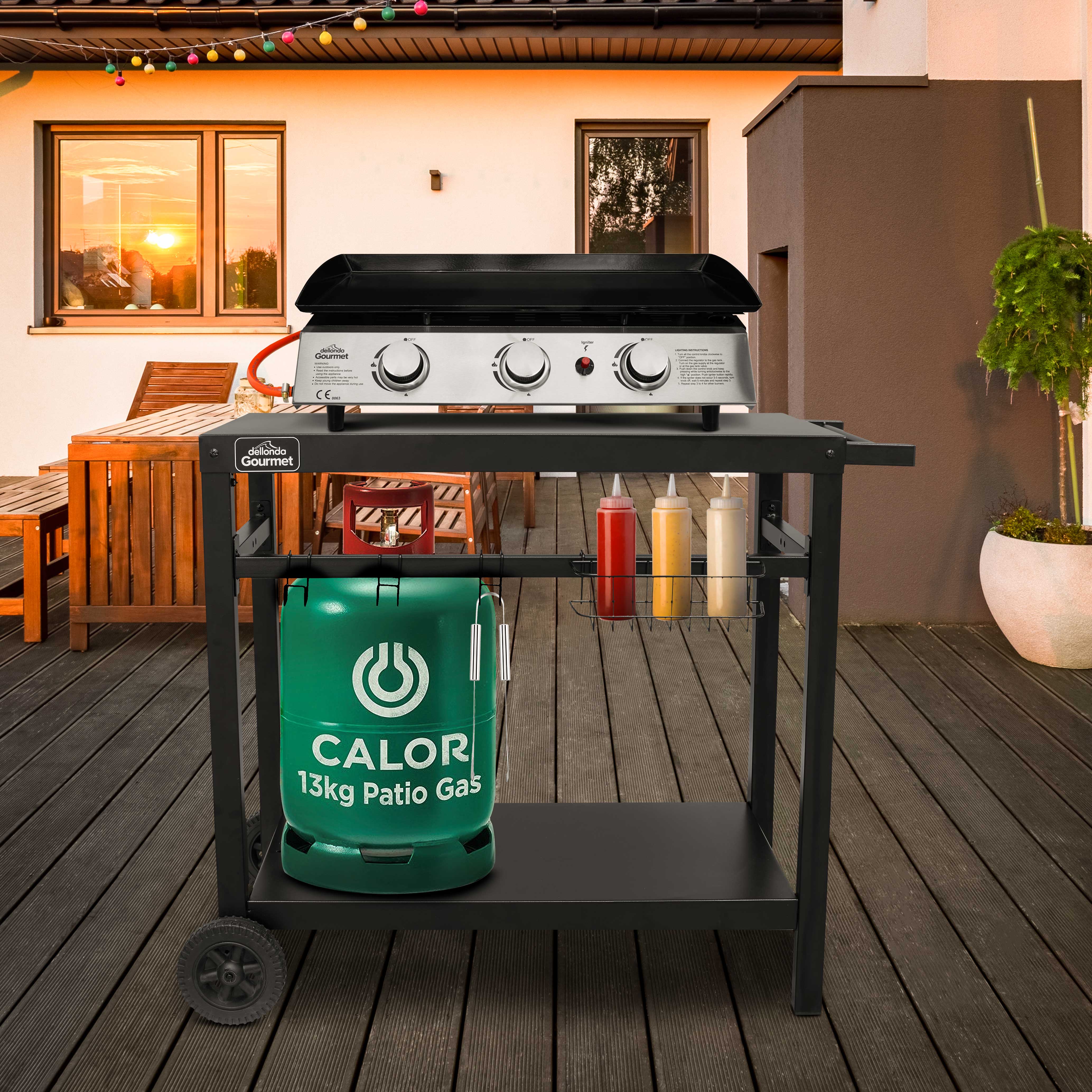 4 Burner Portable Gas Plancha 10kW BBQ Griddle Stainless Steel with Cover & Trolley - DG251 - Dellonda