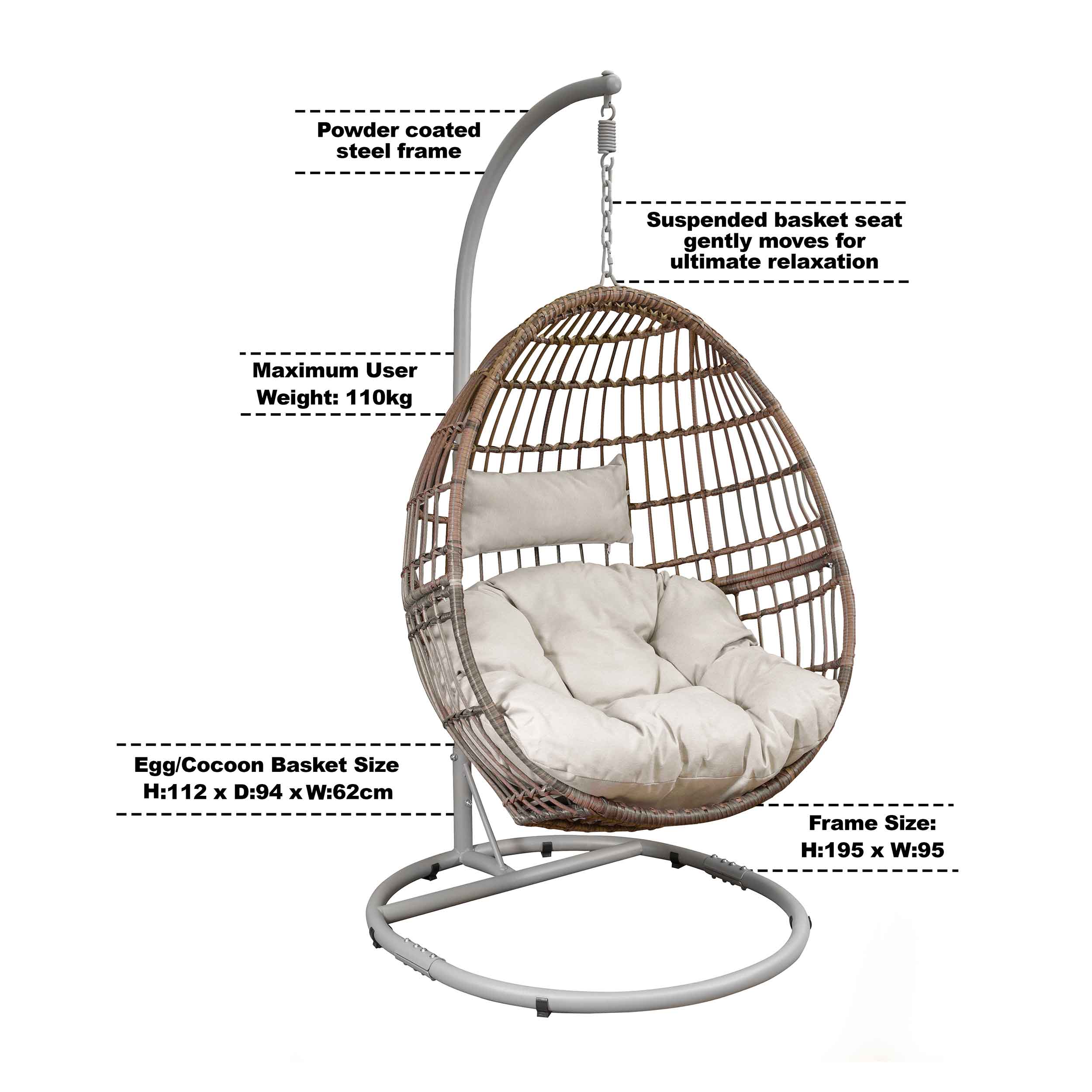 Egg Hanging Swing Chair, Wicker Rattan Basket, Steel Frame, Single - DG60 - Dellonda