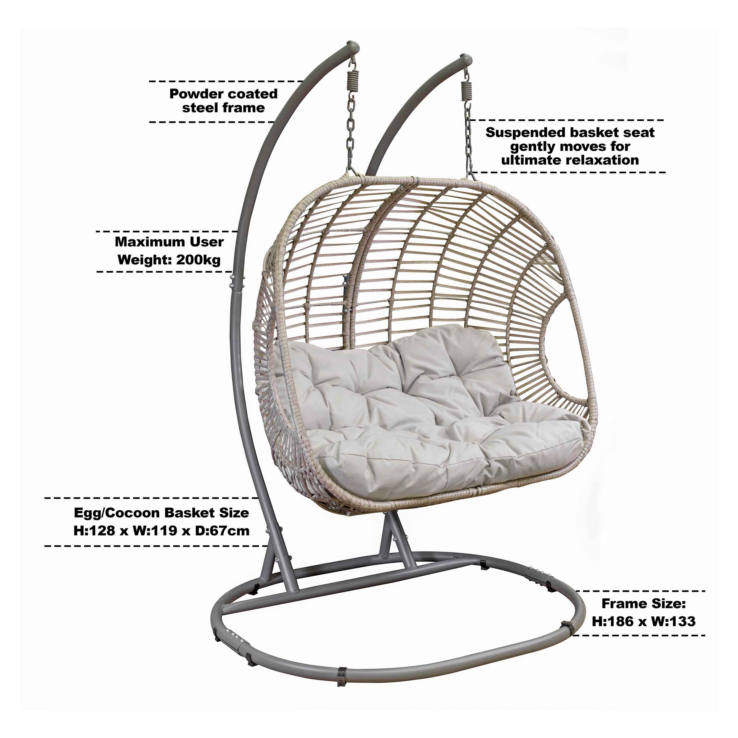 Egg Hanging Swing Chair, Wicker Rattan Basket, Steel Frame, Double - DG61 - Dellonda
