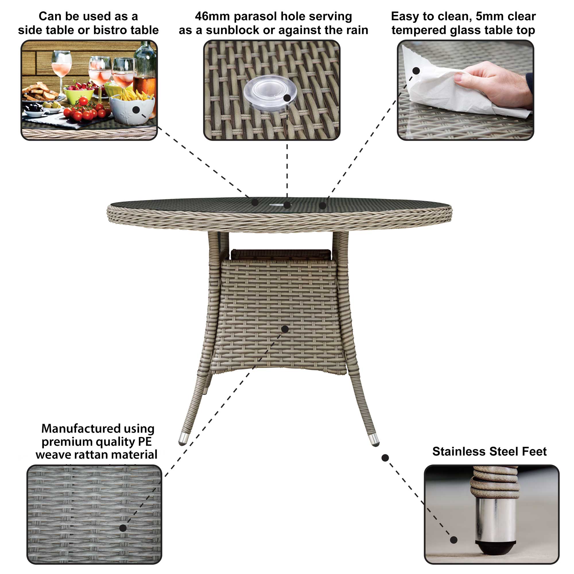 Chester Rattan Wicker Outdoor Dining Table with Tempered Glass Top - DG66 - Dellonda