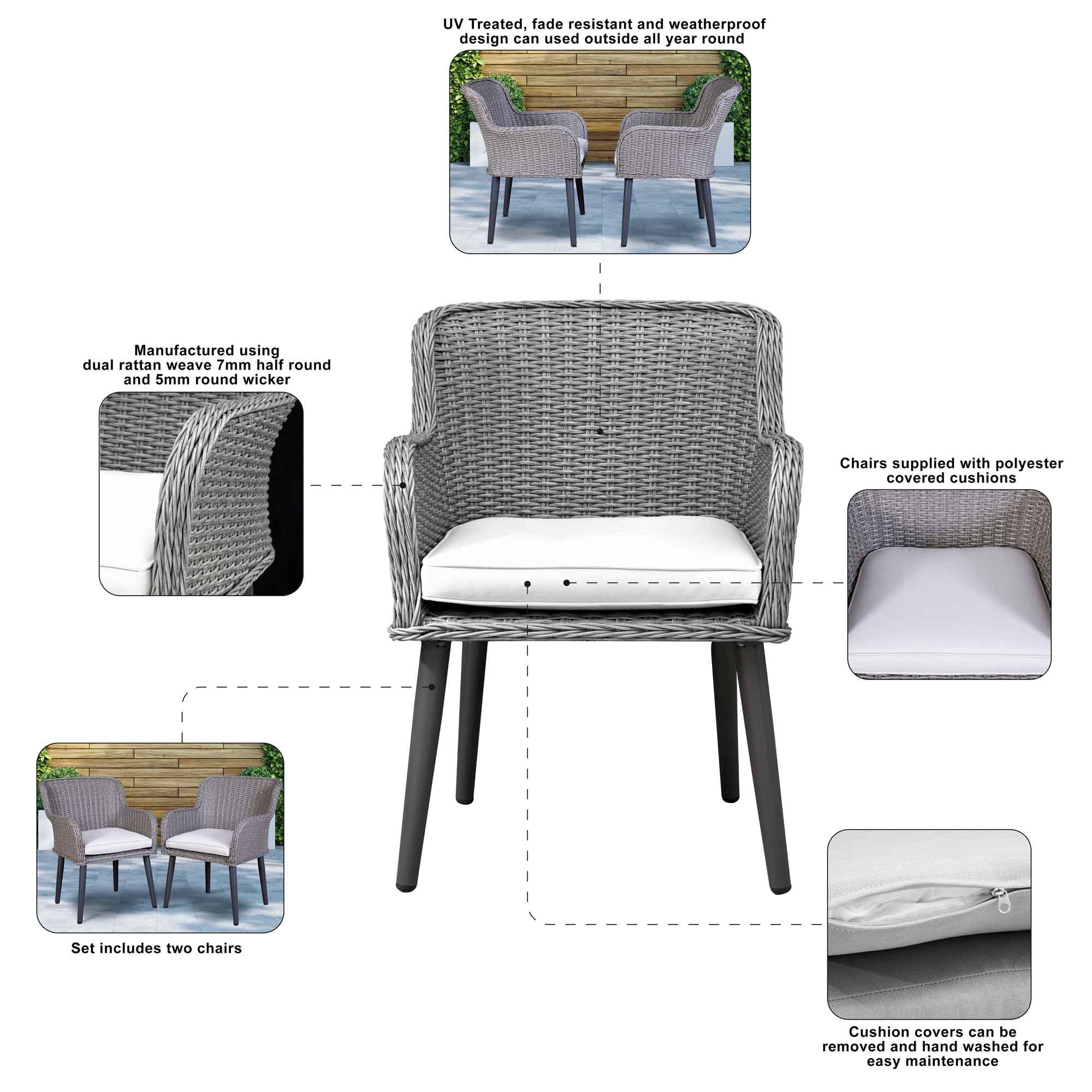 Buxton Rattan Wicker Outdoor Dining Armchair with Cushions, Set of 2 - DG76 - Dellonda