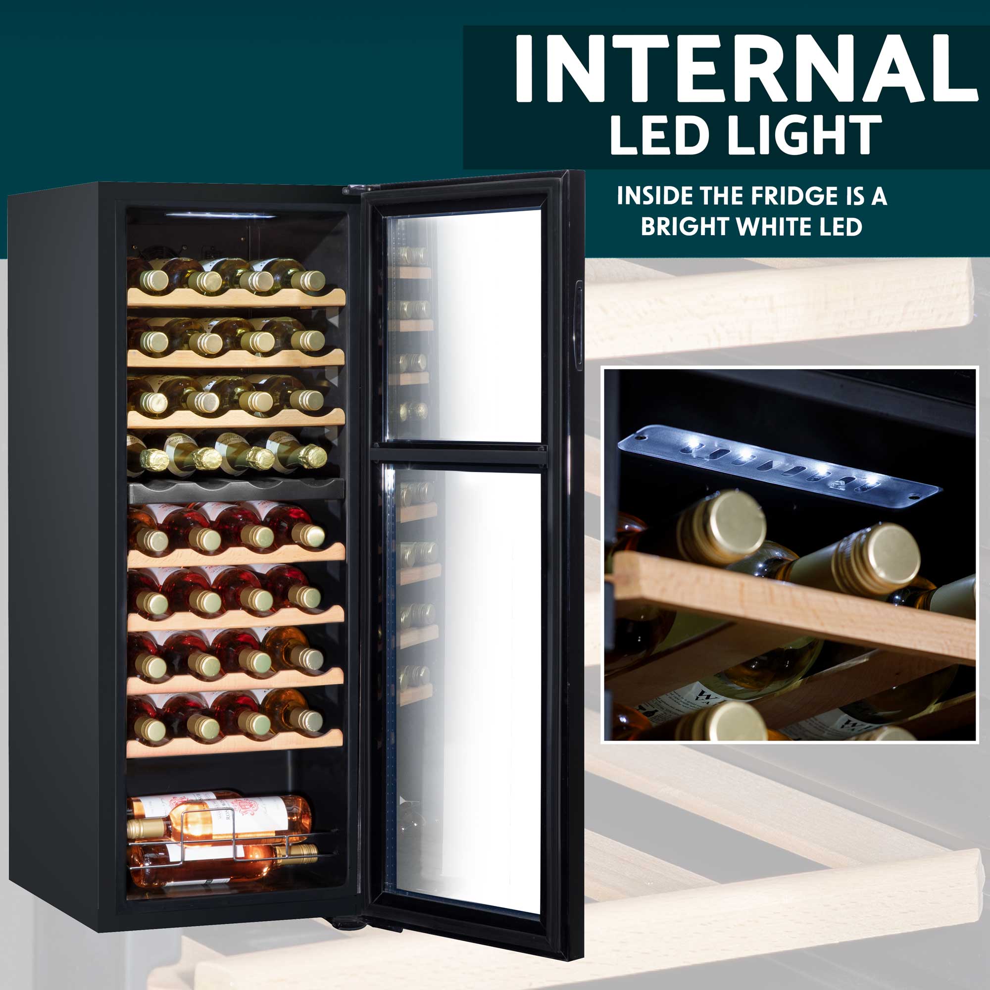 Baridi 36 Bottle Dual Zone Wine Cooler, Fridge, Touch Screen Controls, Wooden Shelves, LED - Black - DH91 - Dellonda