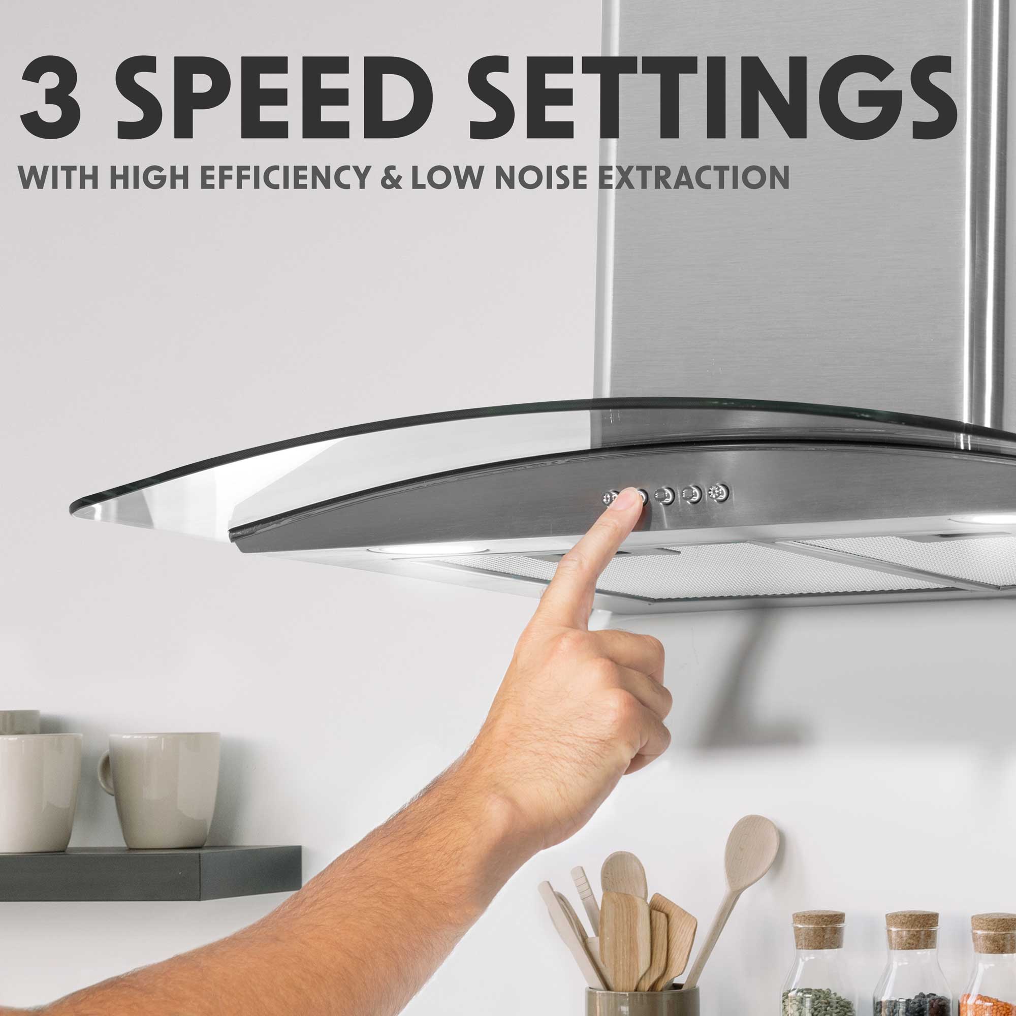 Baridi 4 Zone Ceramic Hob, 5 Function Fan-Assisted Oven & Curved Glass Cooker Hood Bundle - DH187 - Dellonda