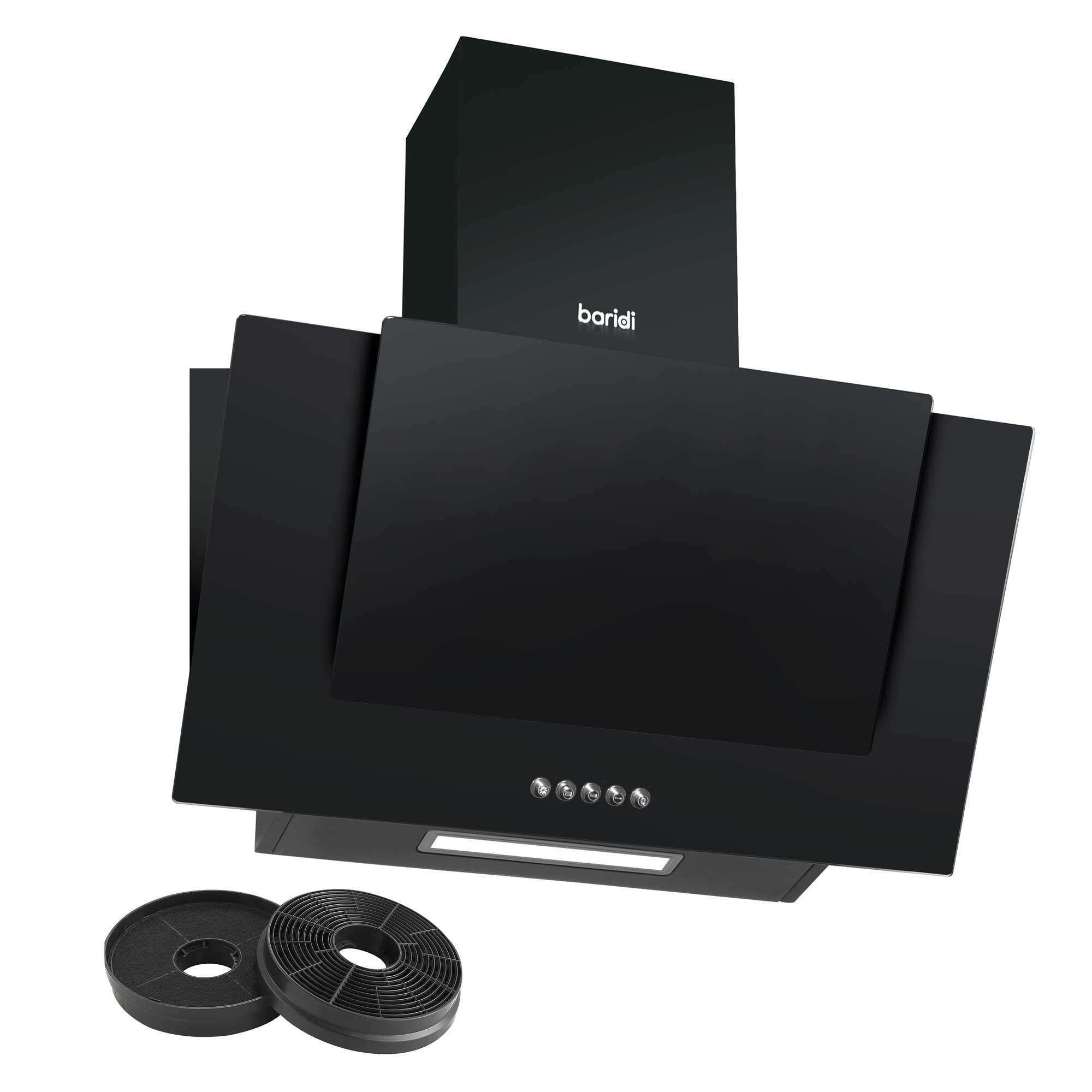 Baridi 60cm Angled Chimney Cooker Hood with Carbon Filters & Black Glass Splashback - DH210