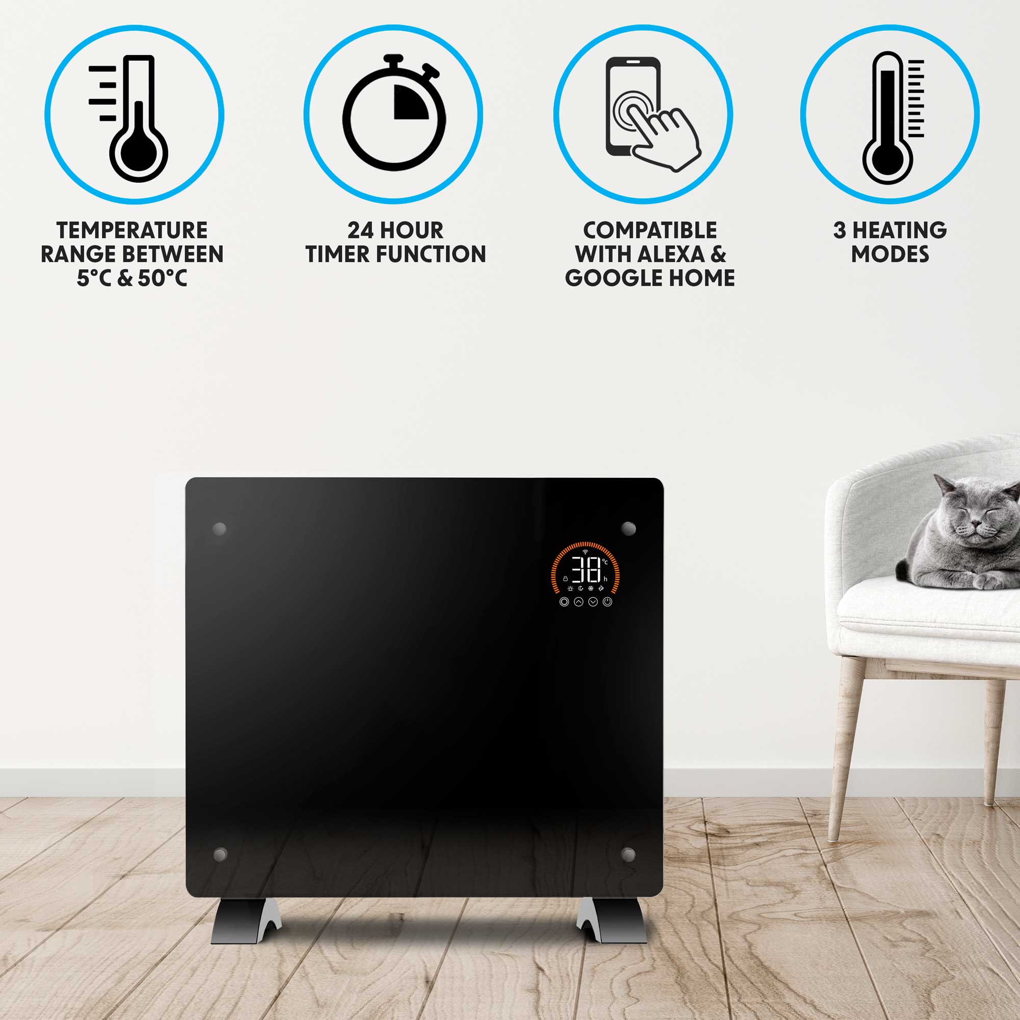 Baridi, Electric Glass Panel Heater, 1000W, 24/7 Timer, Wi-Fi Enabled, Remote Control, Black, DH135 - Dellonda