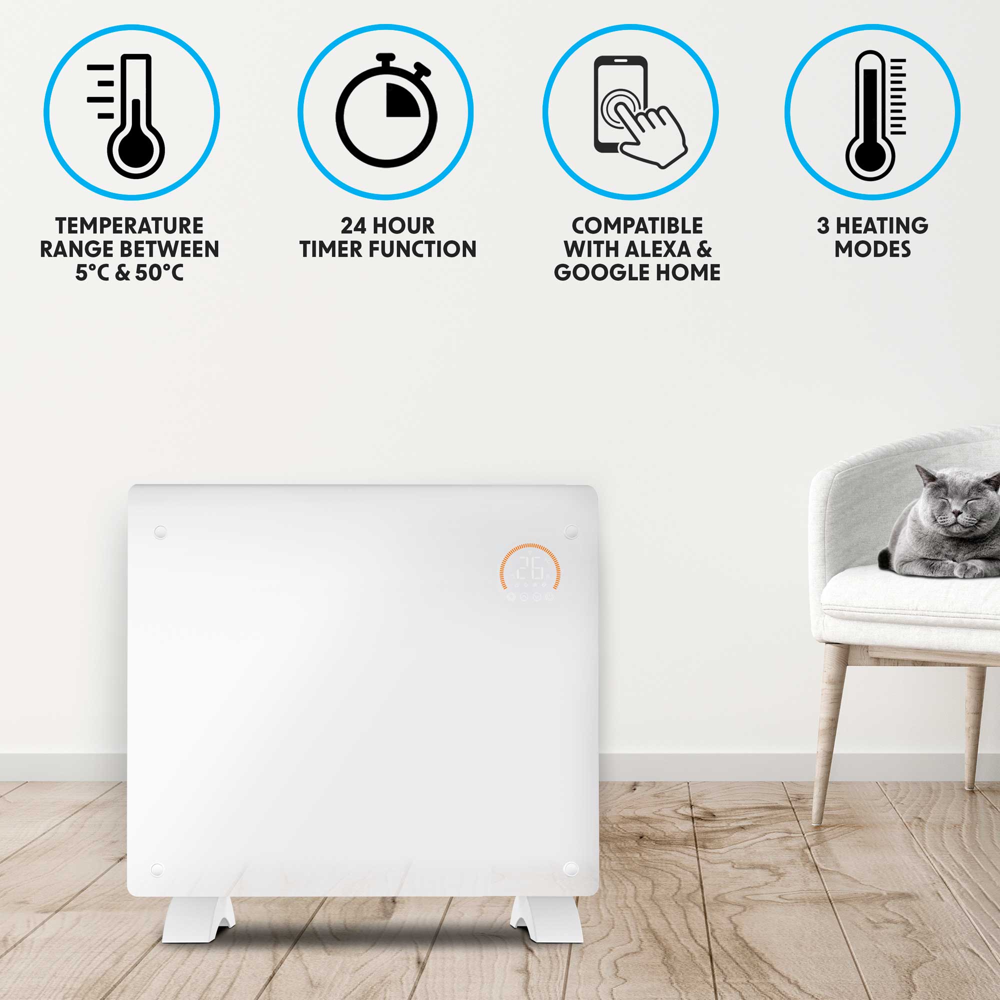 Baridi, Electric Glass Panel Heater, 1000W, 24/7 Timer, Wi-Fi Enabled, Remote Control, White, DH136 - Dellonda