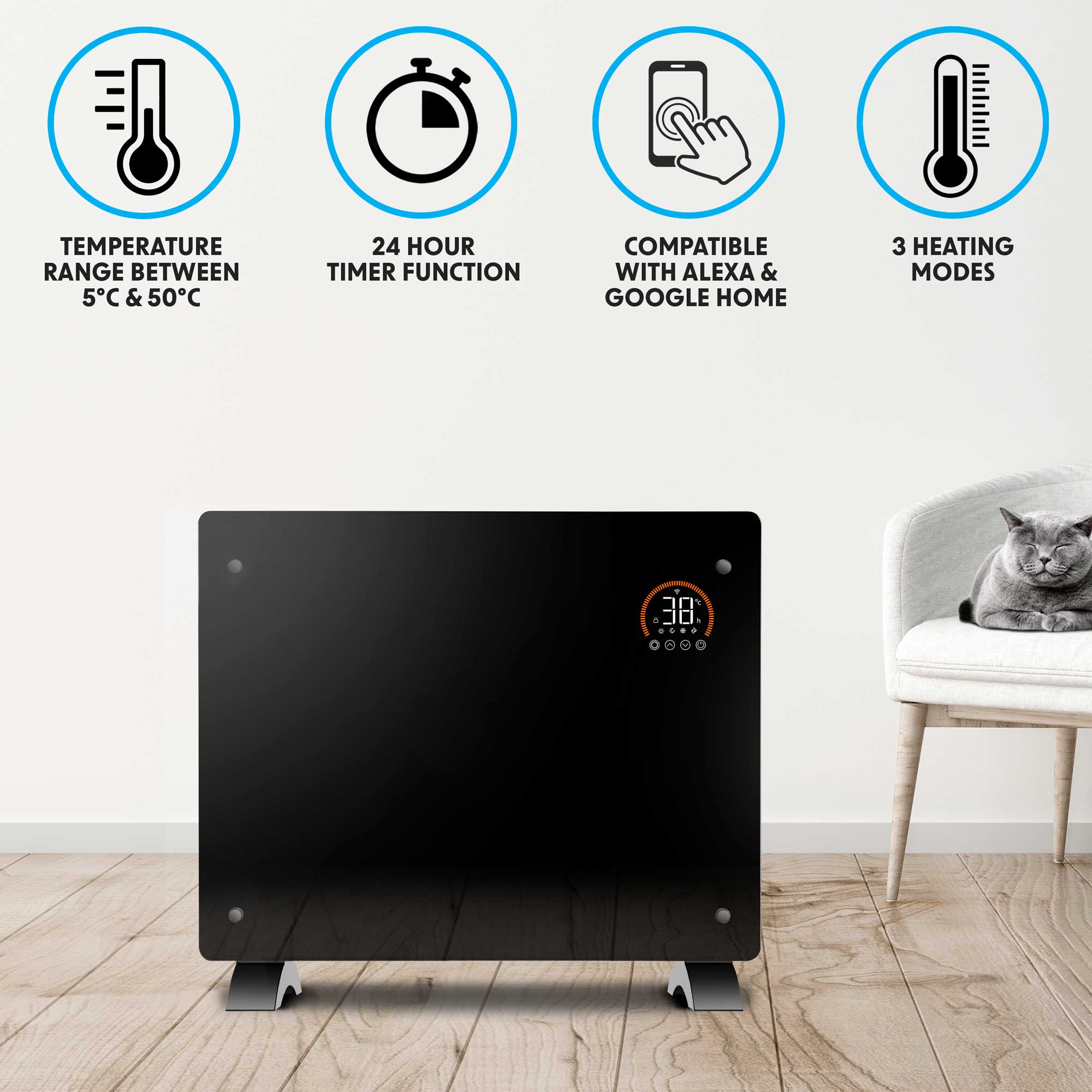 Baridi, Electric Glass Panel Heater, 1500W, 24/7 Timer, Wi-Fi Enabled, Remote Control, Black, DH137 - Dellonda