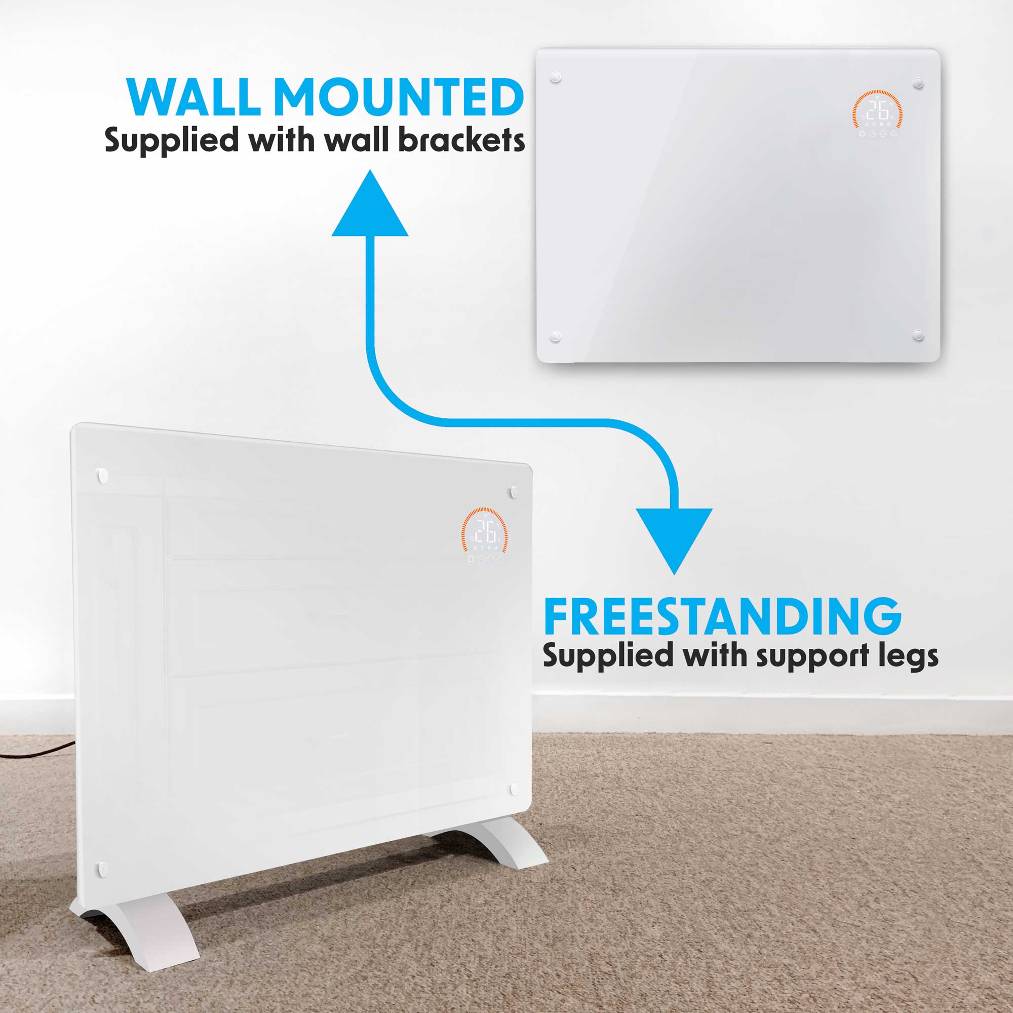Baridi, Electric Glass Panel Heater, 1500W, 24/7 Timer, Wi-Fi Enabled, Remote Control, White, DH138 - Dellonda