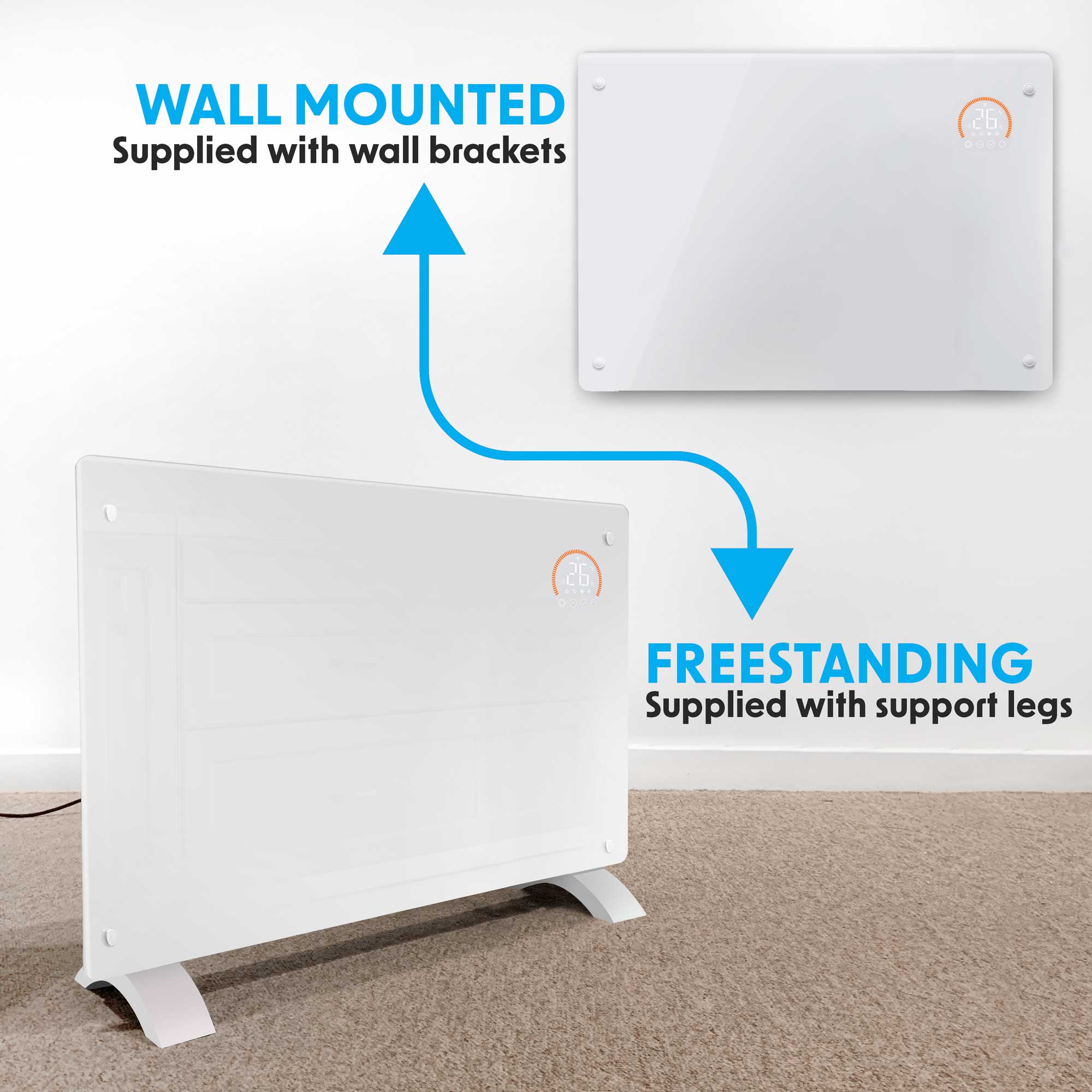 Baridi, Electric Glass Panel Heater, 2000W, 24/7 Timer, Wi-Fi Enabled, Remote Control, White, DH140 - Dellonda