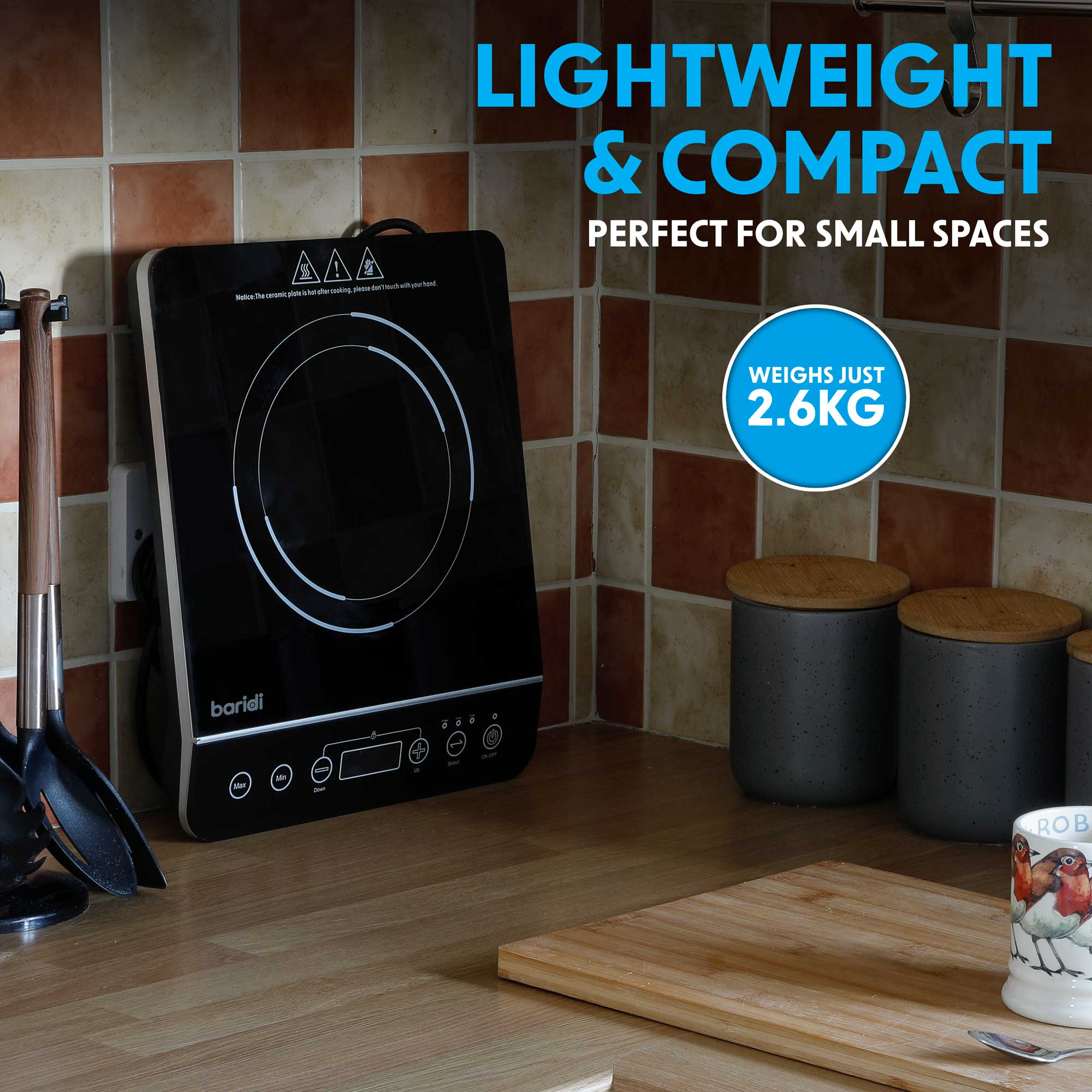 Baridi Portable Induction Hob: Single Zone, 2000W, 10 Power Settings, Timer Function, Black - DH145