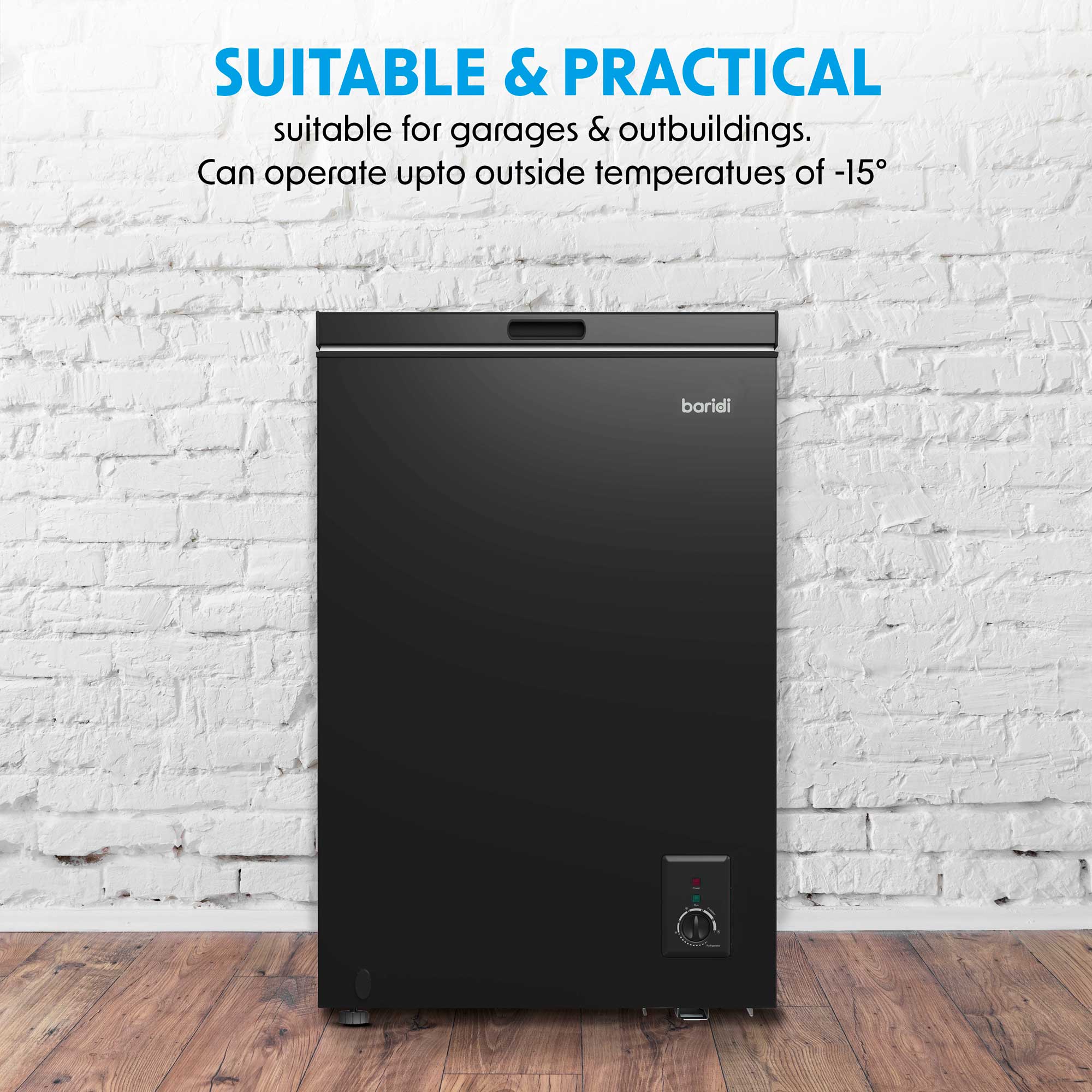 Baridi Freestanding Chest Freezer, 99L, Garage and Outbuilding Safe, Adj. Thermostat, Black - DH153