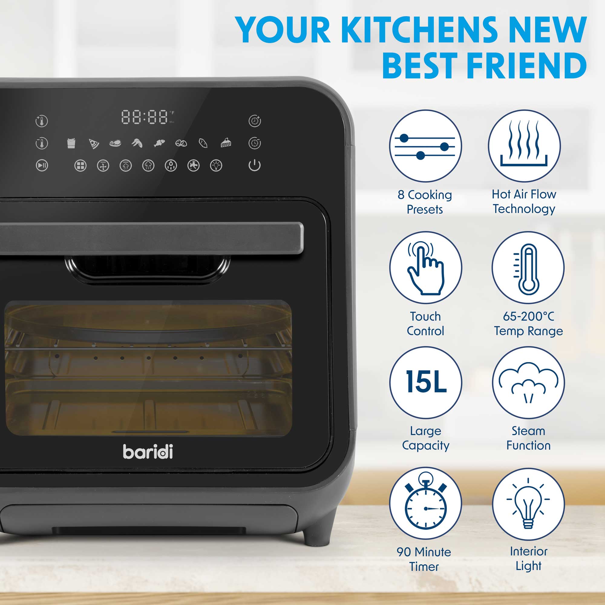 Baridi Steam Air Fryer Oven Combi, SelfCleaning, 8 Preset Functions
